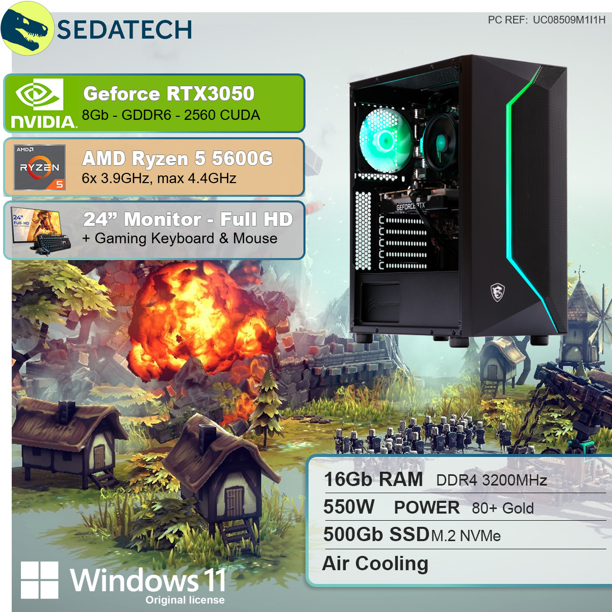 SEDATECH AMD Gaming PC mit AMD Ryzen 5600G, SSD, RAM, 5 Prozessor, 500 GB GB Ryzen 5600G Geforce GB 5 RTX3050, 16 8