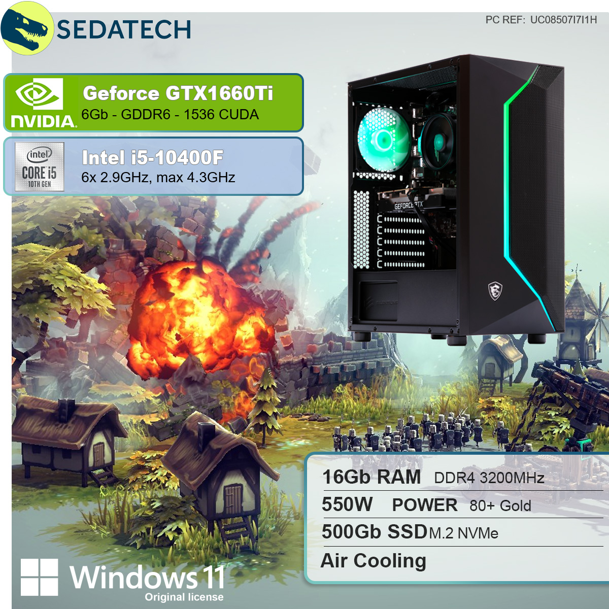SEDATECH Intel i5-10400F, Windows 11 Ti, mit NVIDIA GB Prozessor, Core™ Gaming RAM, mehrsprachig, Intel® 6 1660 GTX GB PC 16 i5 GeForce® SSD, Home GB 500
