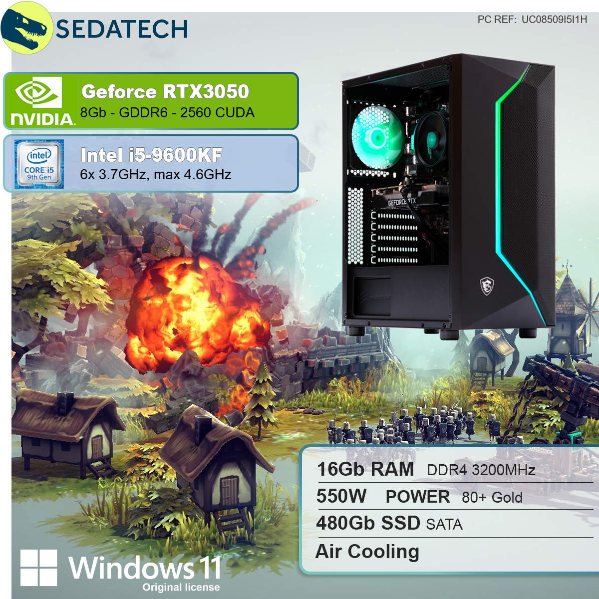 SEDATECH Intel i5-9600KF, Windows GB mit 8 mehrsprachig, RAM, Home NVIDIA SSD, 16 i5 Core™ 480 GeForce 3050, PC Gaming Intel® GB 11 Prozessor, GB RTX™