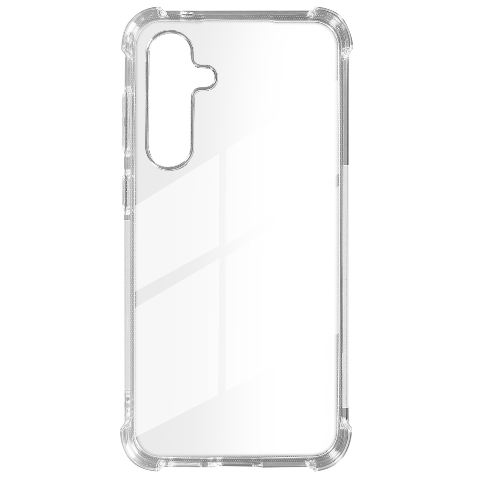 Una custodia trasparente per telefono con un ritaglio per la fotocamera. La custodia è trasparente e su sfondo bianco.