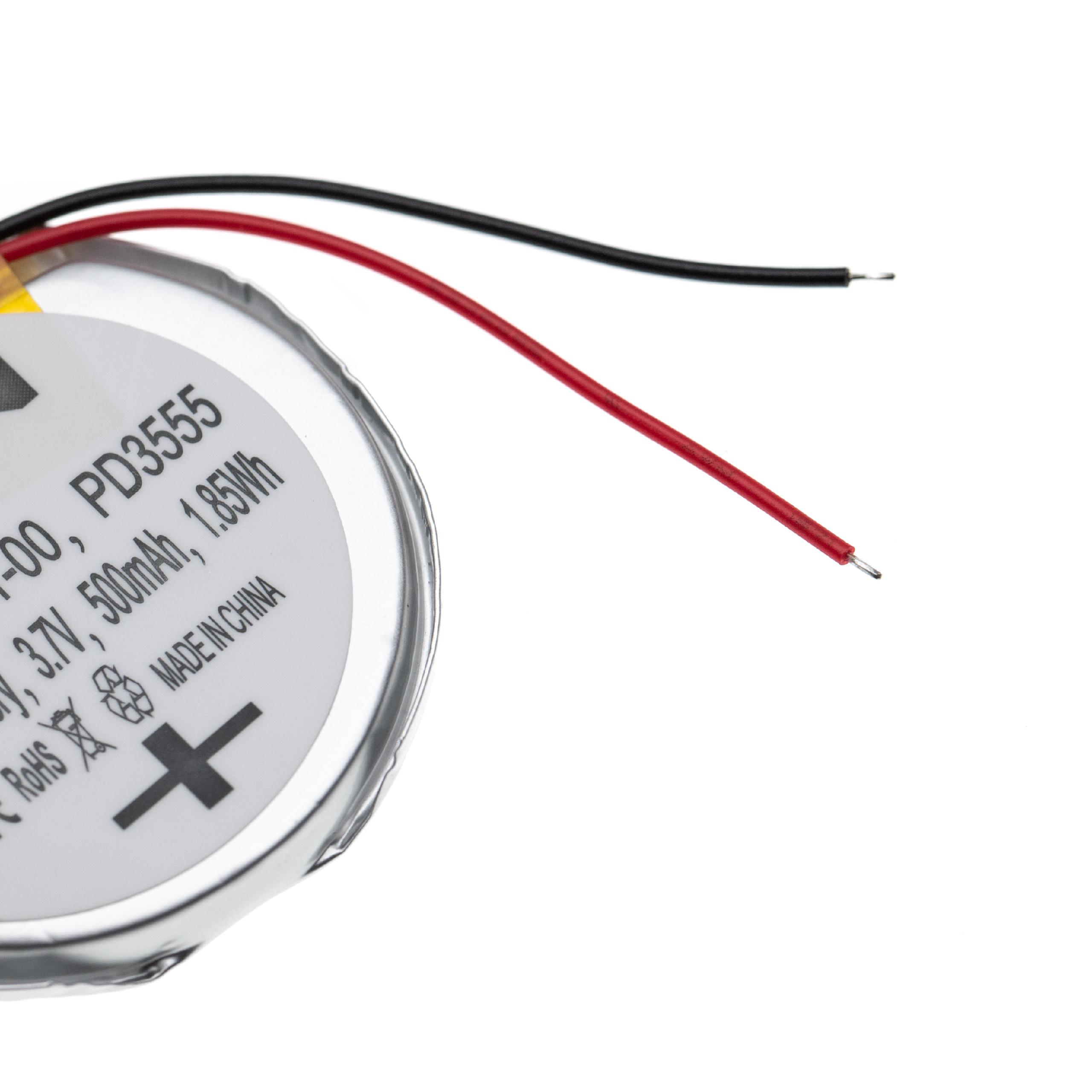 Kleine runde Batterie mit Kabeln: schwarz, rot. Text: 3,7 V, 500 mAh, 1,85 Wh.