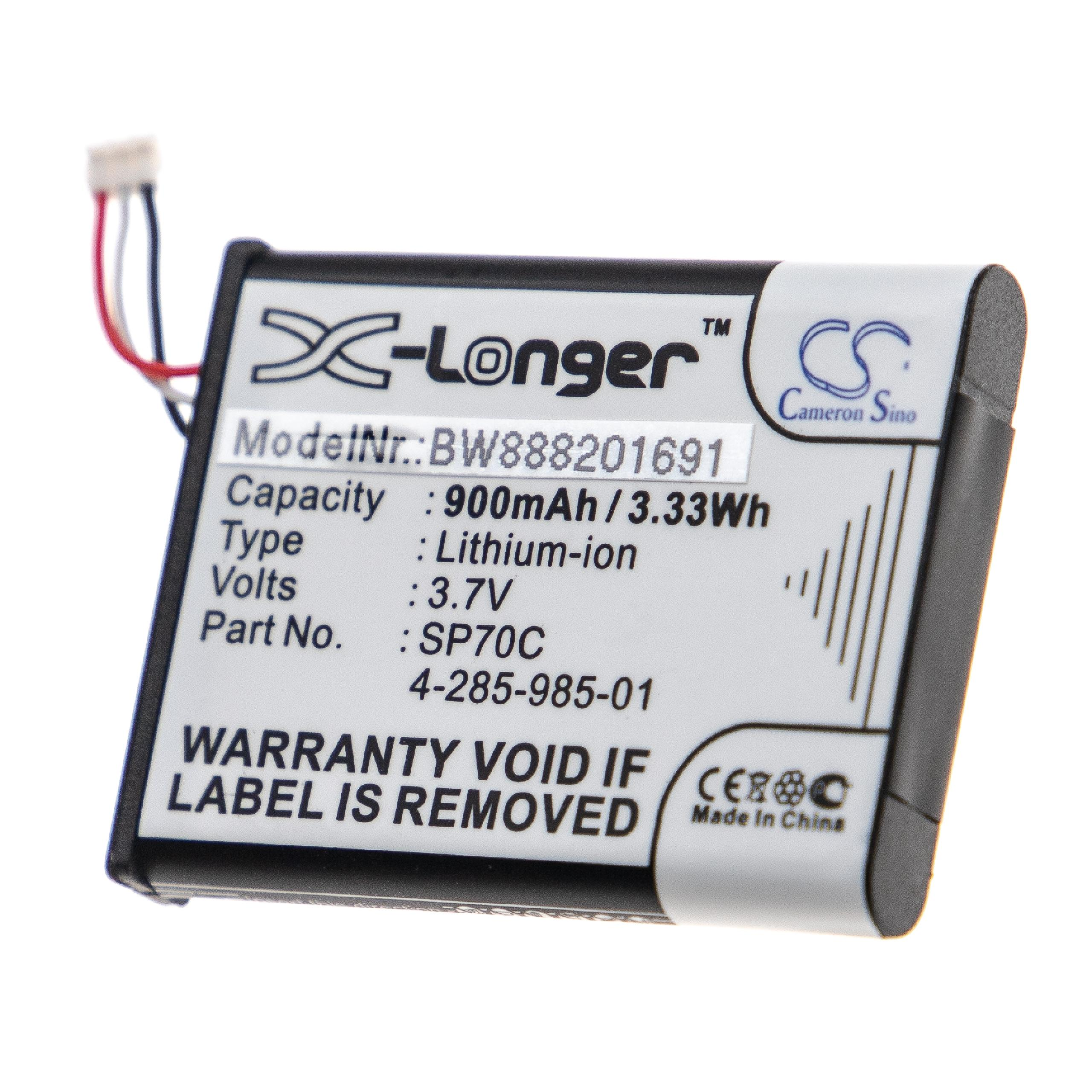 Batterie mit Aufschrift: 'X-Longer'. Zeigt Kapazität und Spannung. Schwarz und weiß mit rot/weiß Kabeln.