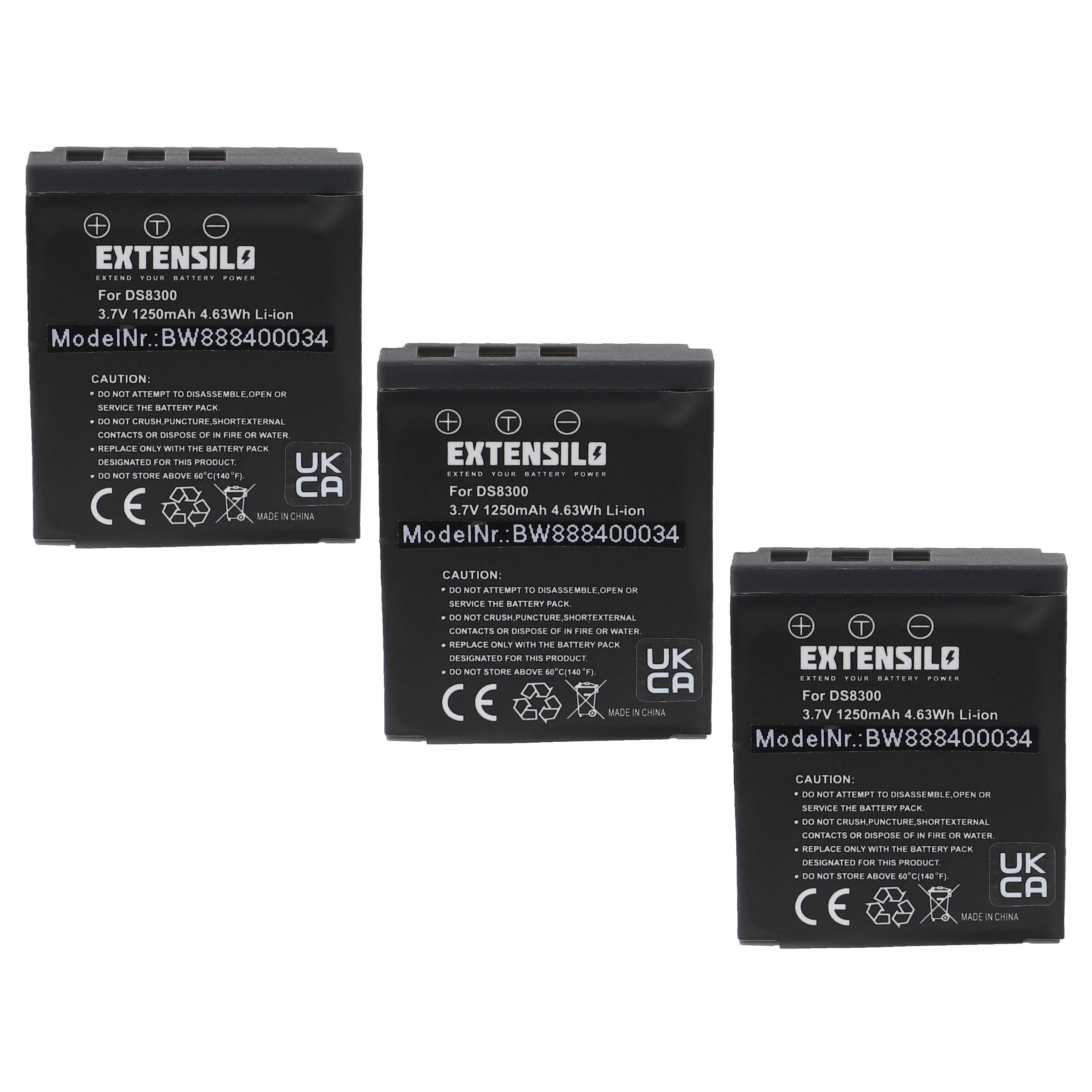 Drei schwarze Akkupacks mit Text und Warnhinweisen. Die Packs sind mit 'EXTENSIO' und 'UK CA' beschriftet.