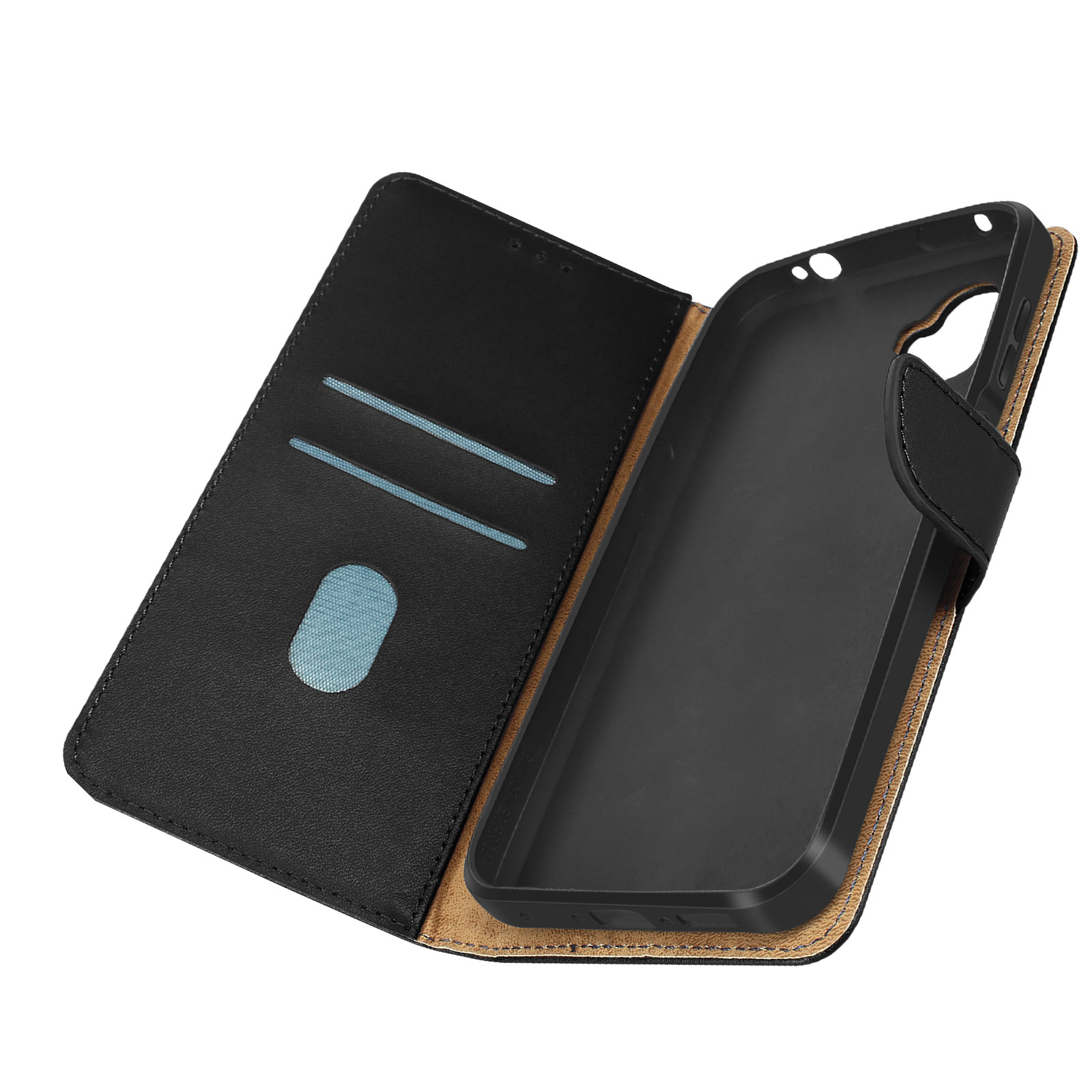 Eine schwarze Handyhülle mit einem schwarzen Telefon darin, geöffnet, um Kartenfächer zu zeigen.