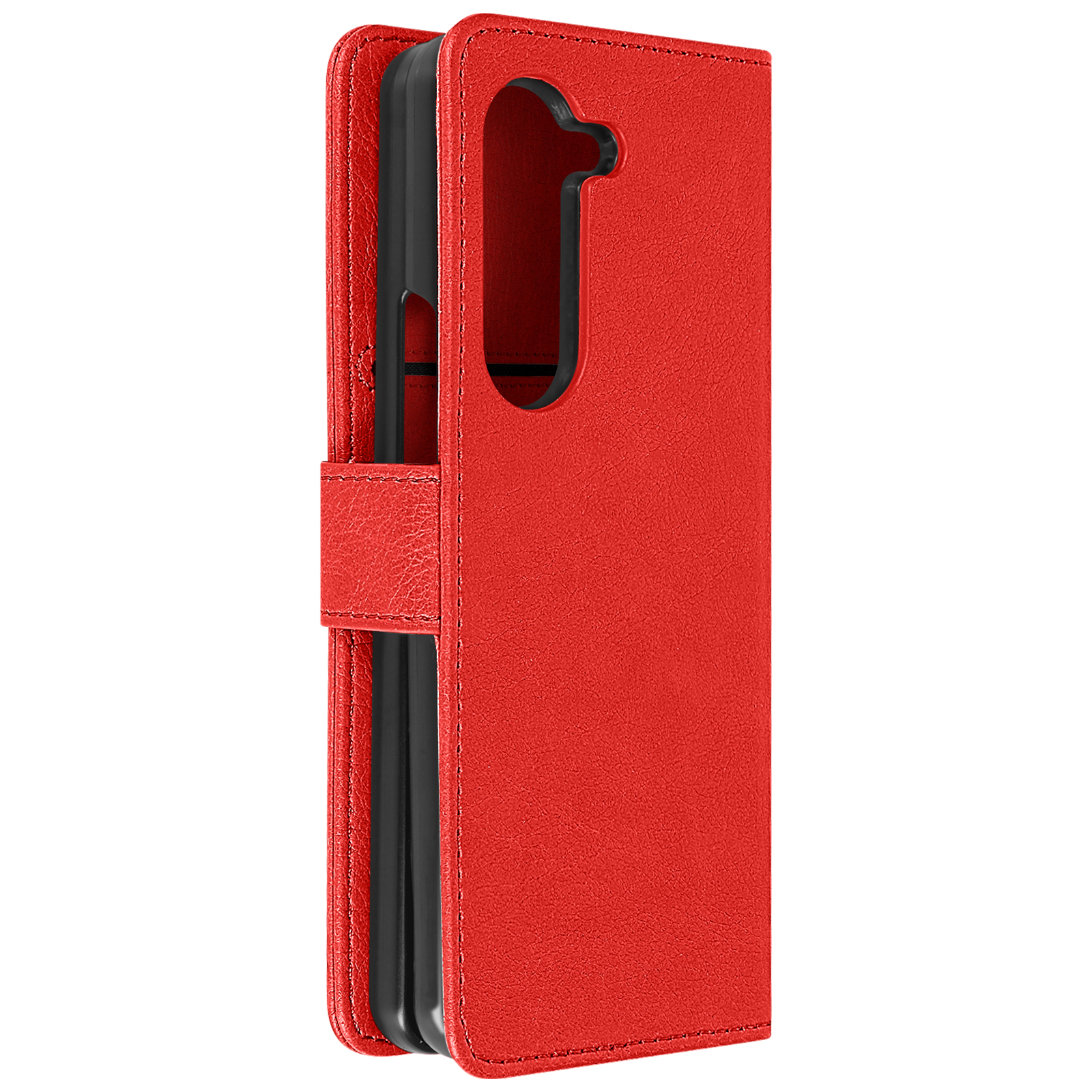 Custodia per telefono rossa con design aperto. La custodia è in pelle e ha ritagli per la fotocamera.