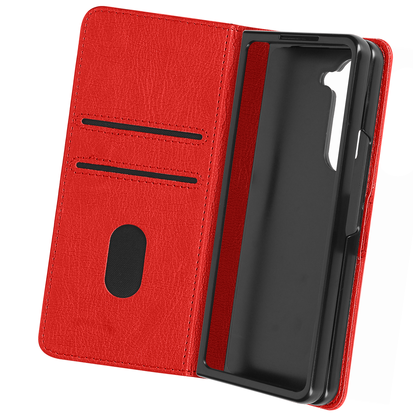 Custodia per telefono rossa aperta, con fessure per carte e una cornice nera per il telefono. La custodia è strutturata.