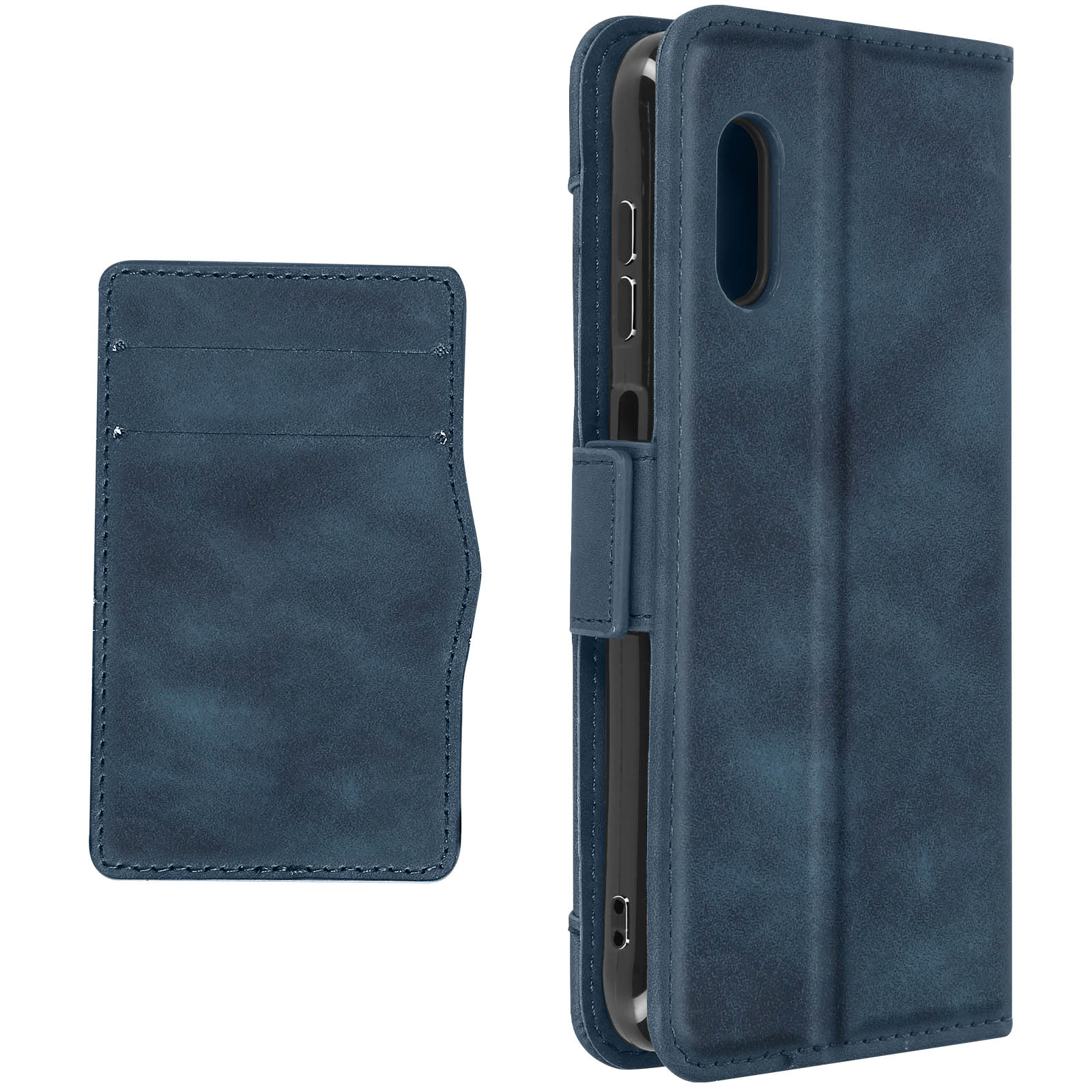 Una custodia per telefono in pelle blu stile portafoglio aperta, con slot per carte.