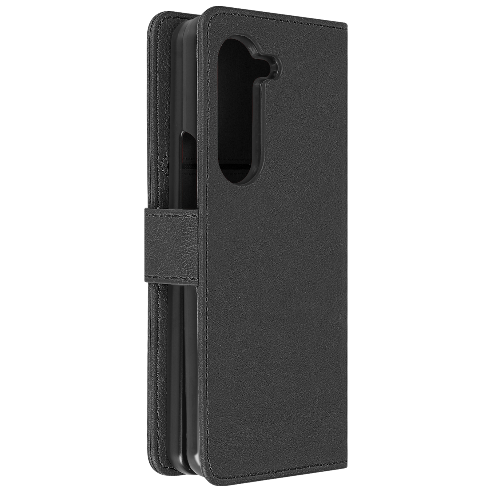 Custodia per telefono in pelle nera con chiusura magnetica, aperta per rivelare un telefono.