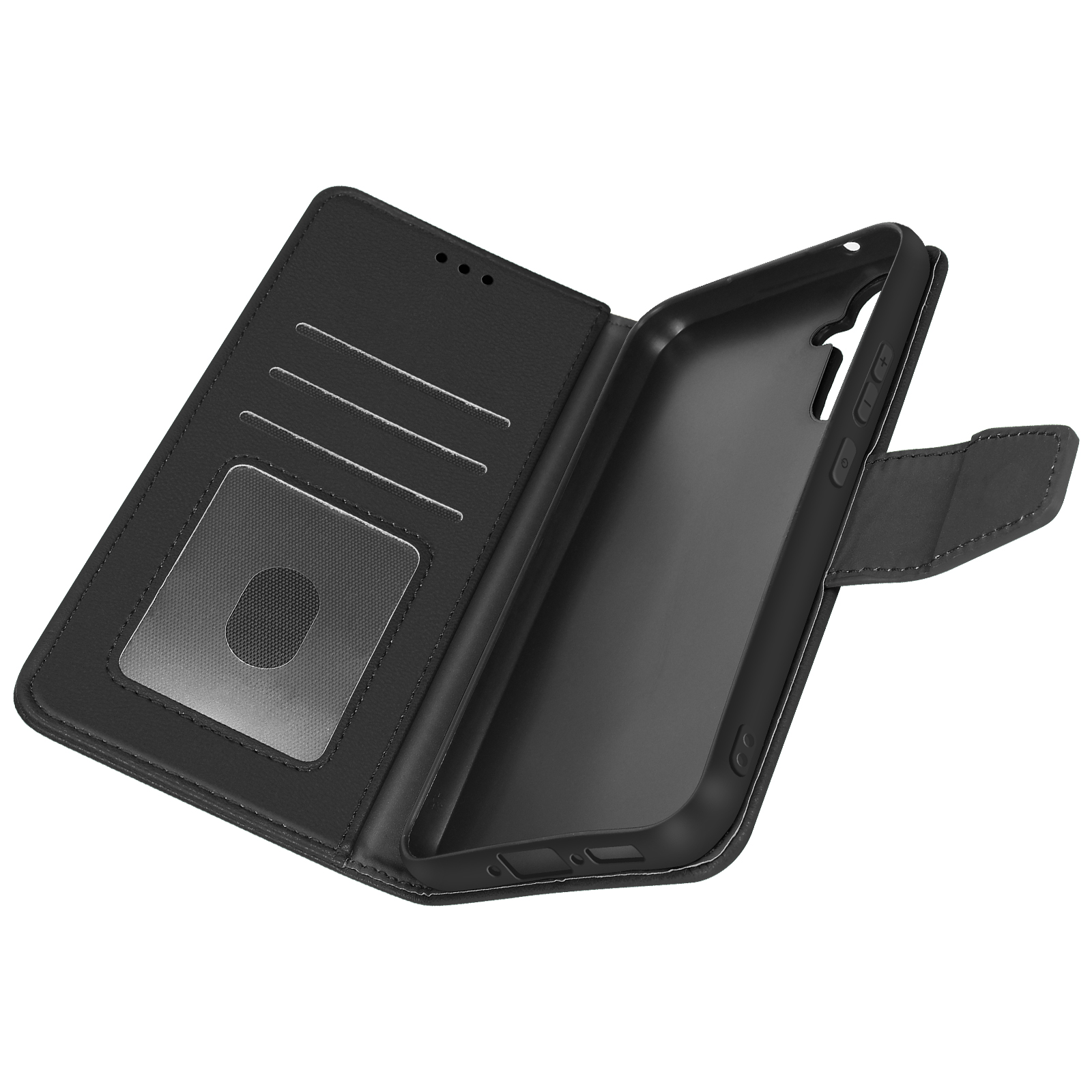 Schwarze Leder-Geldbörsen-Handyhülle, offen und innen sichtbar. Mit Kartenfächern und Telefonhalter.