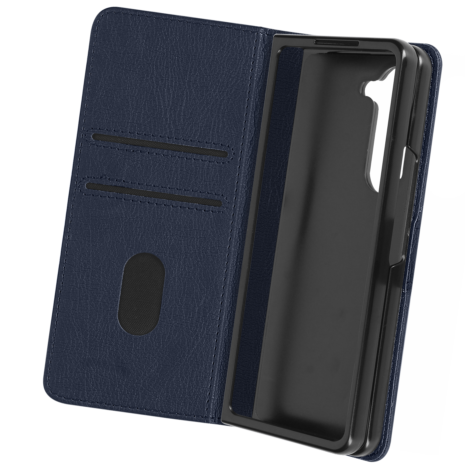 Custodia per telefono in pelle blu, aperta, con fessure per carte e telaio.