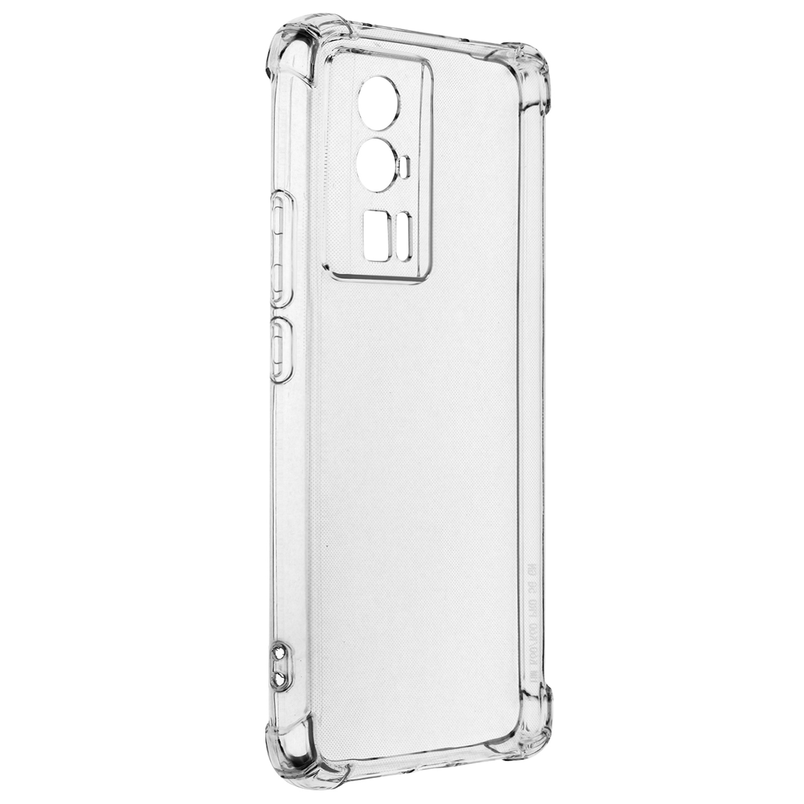 Una custodia trasparente per telefono, che mostra il profilo laterale, con aperture per pulsanti e fotocamere, su sfondo bianco.