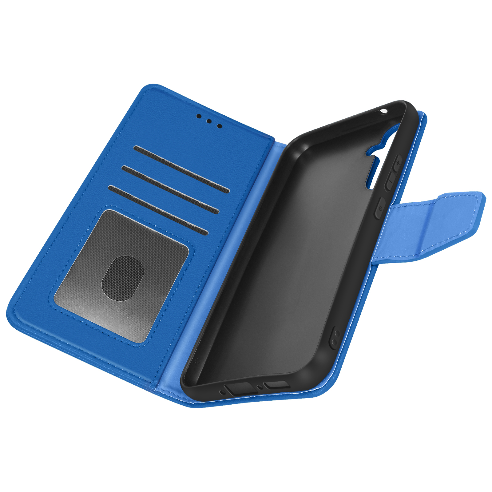 Custodia blu aperta con fessure per carte e interno nero del telefono.