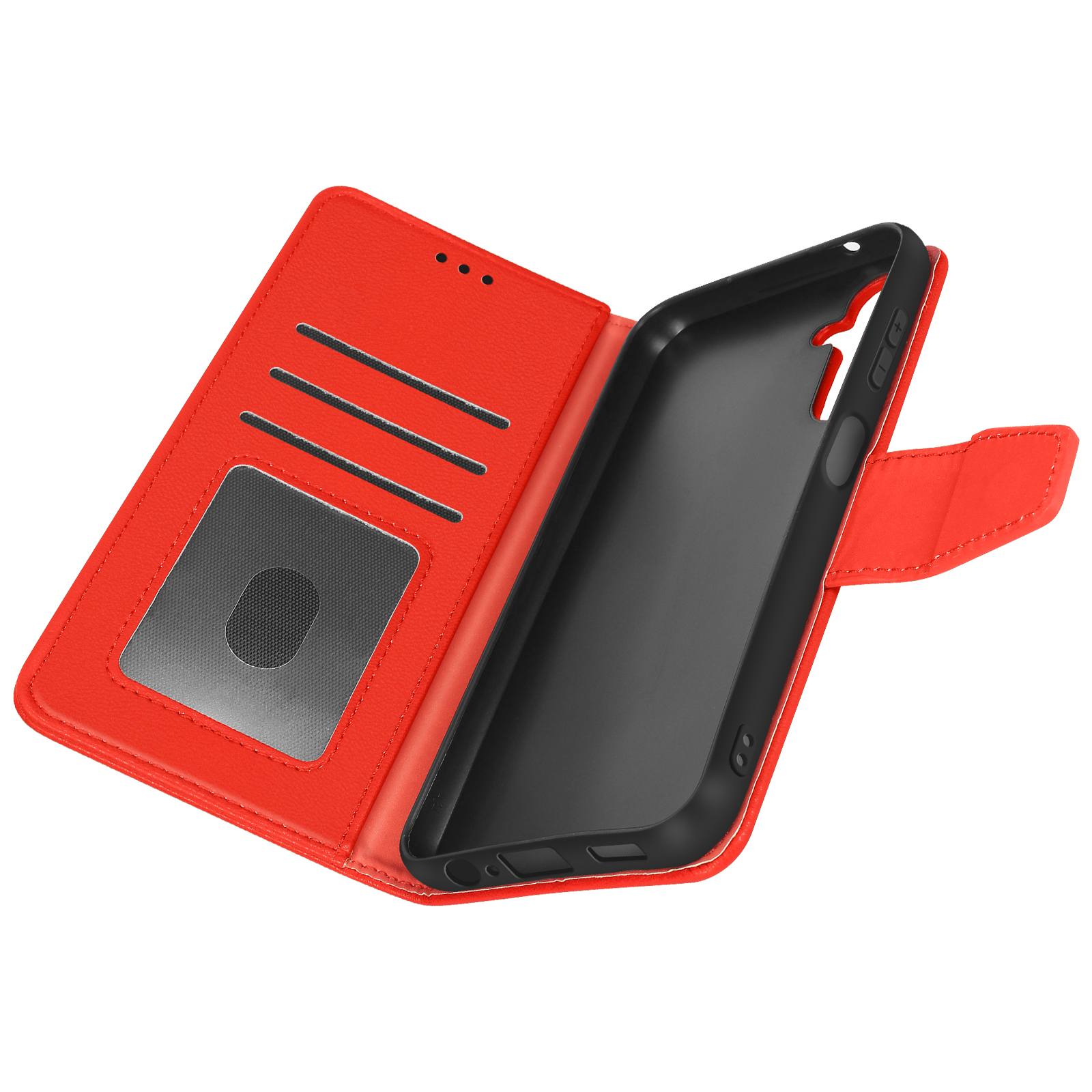 Custodia rossa per telefono con fessure e interno nero, aperta, su sfondo bianco.