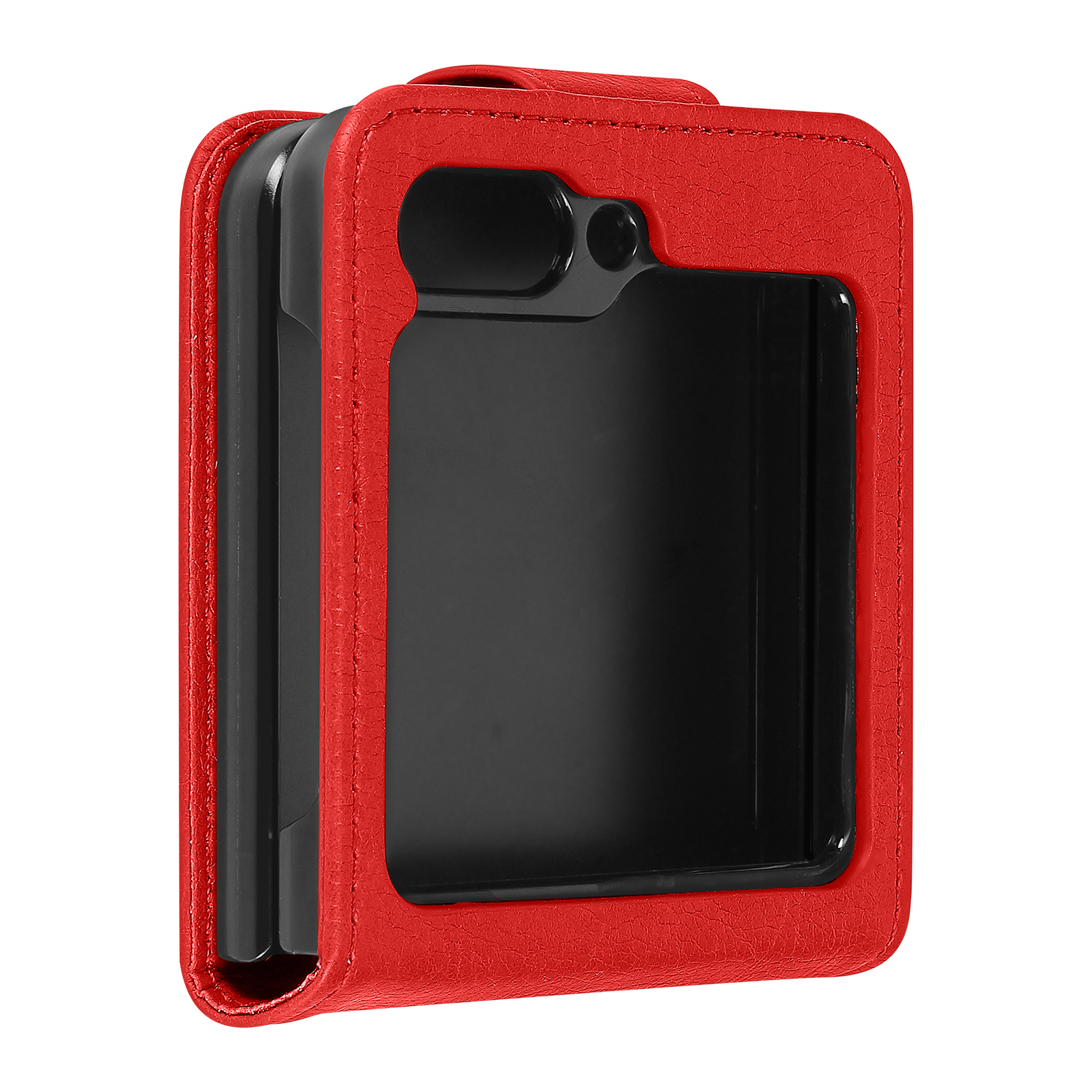 Una funda roja para teléfono, cerrada, con interior negro, sobre fondo blanco.
