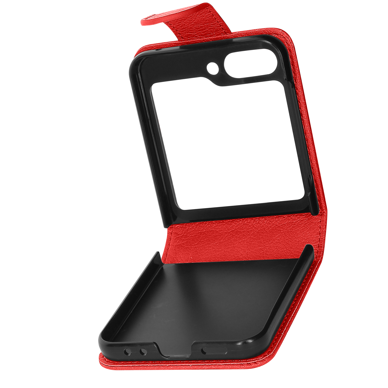 Funda roja para teléfono, abierta. Interior negro, cubierta roja. La cubierta está abierta, mostrando la pantalla.