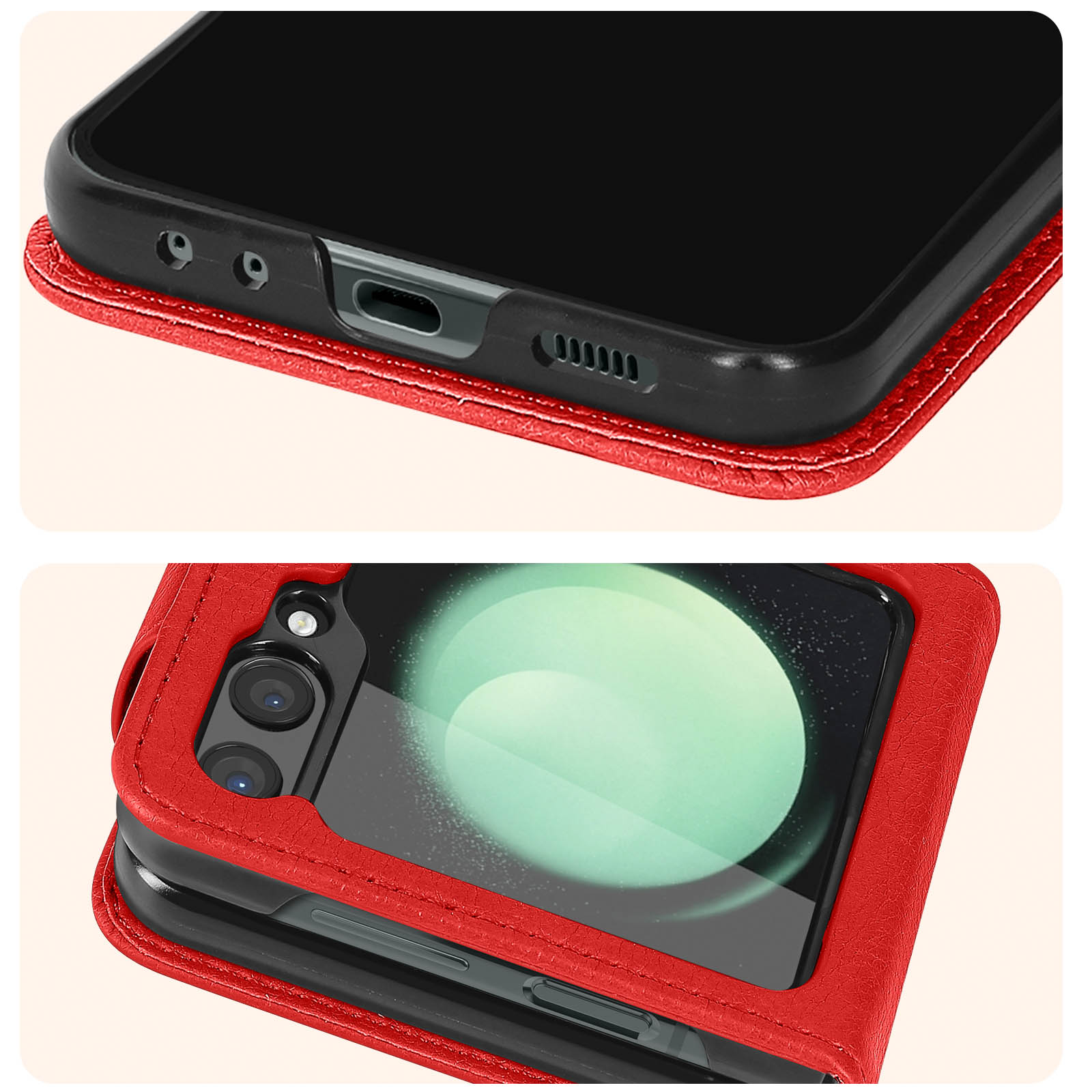 Primer plano de una funda roja de teléfono, mostrando los puertos y la cámara del teléfono.