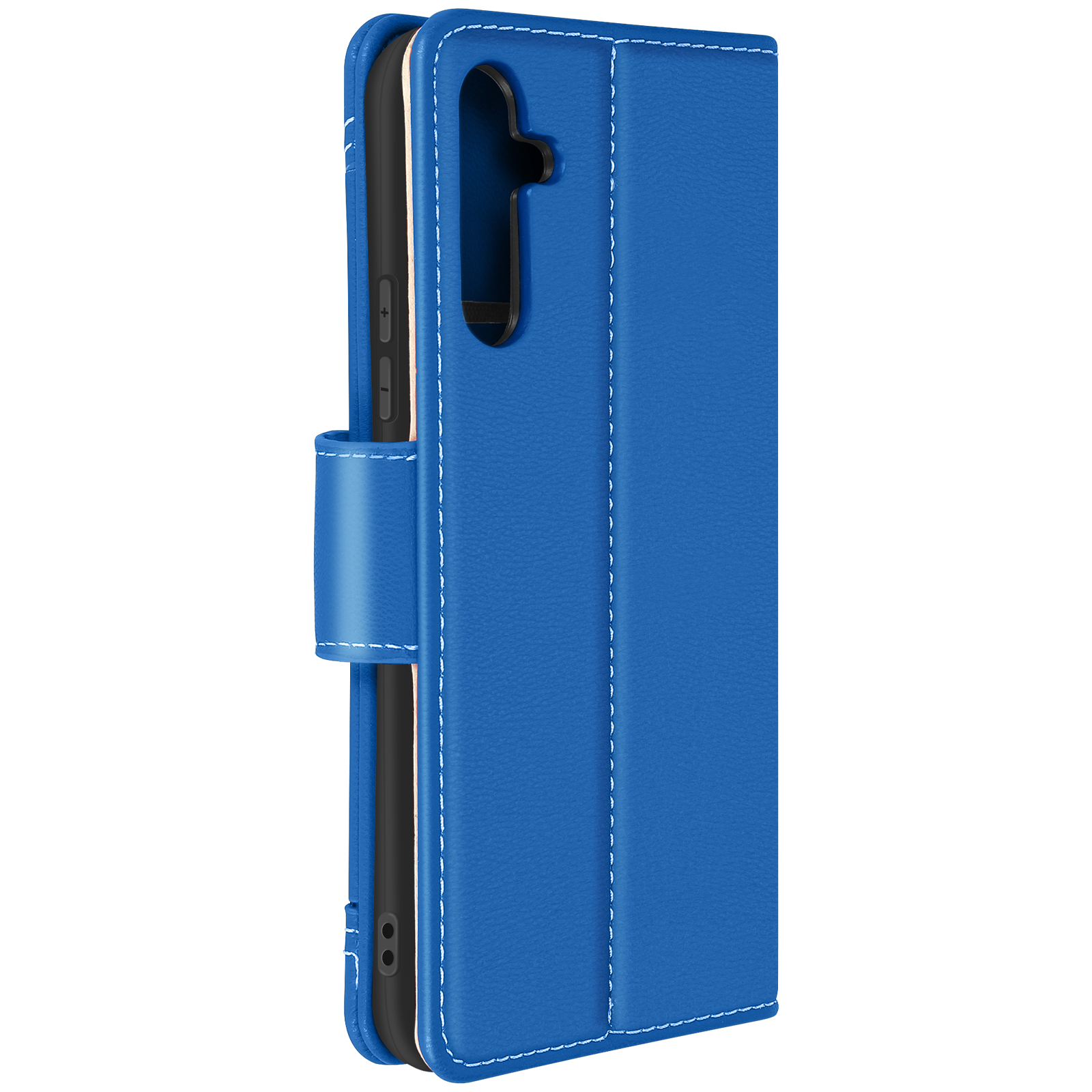 Custodia blu per telefono con cuciture bianche. Il telefono è all'interno, con una chiusura magnetica.