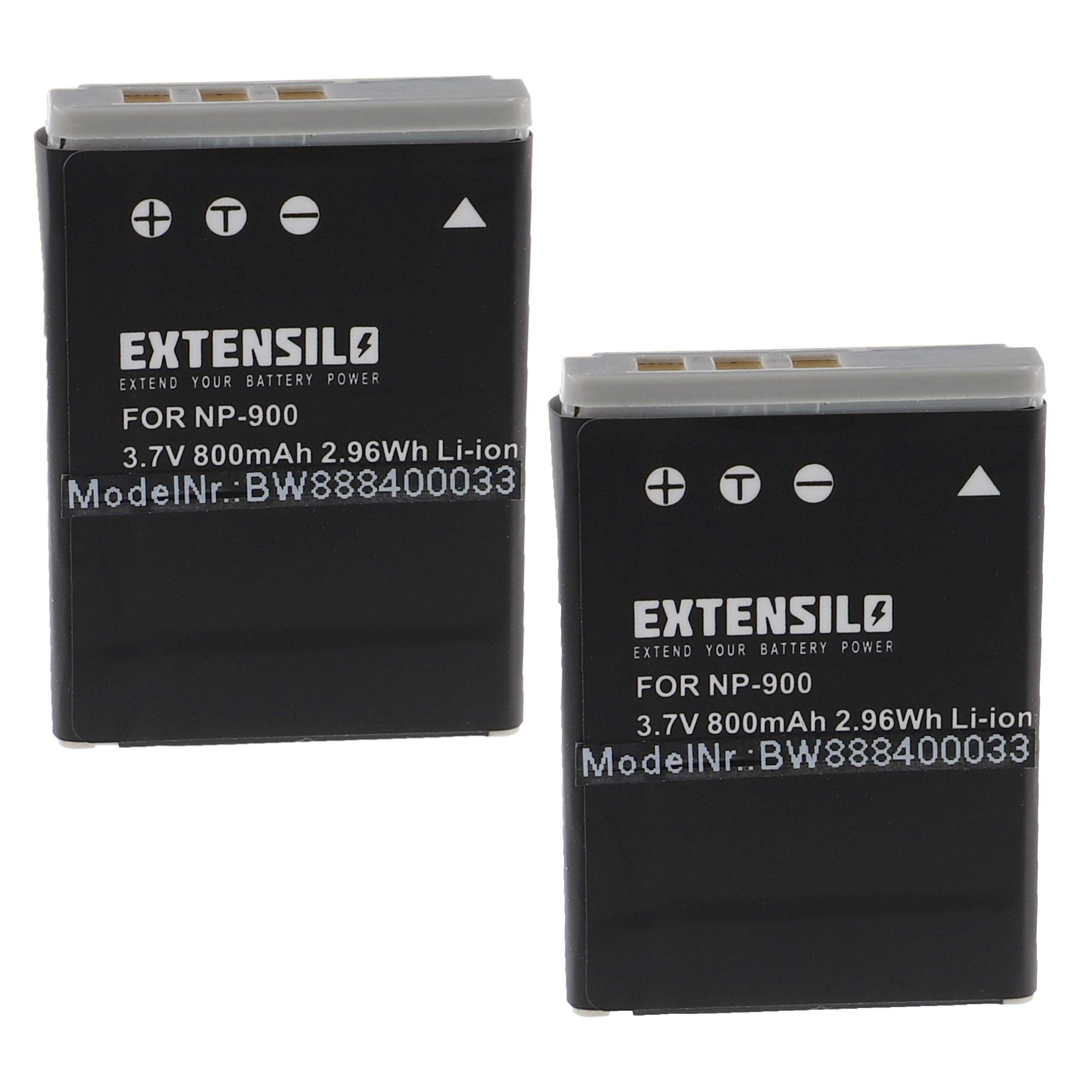 Zwei schwarze Kameraakkus mit Text, darunter 'EXTENSILO' und 'FOR NP-900'.