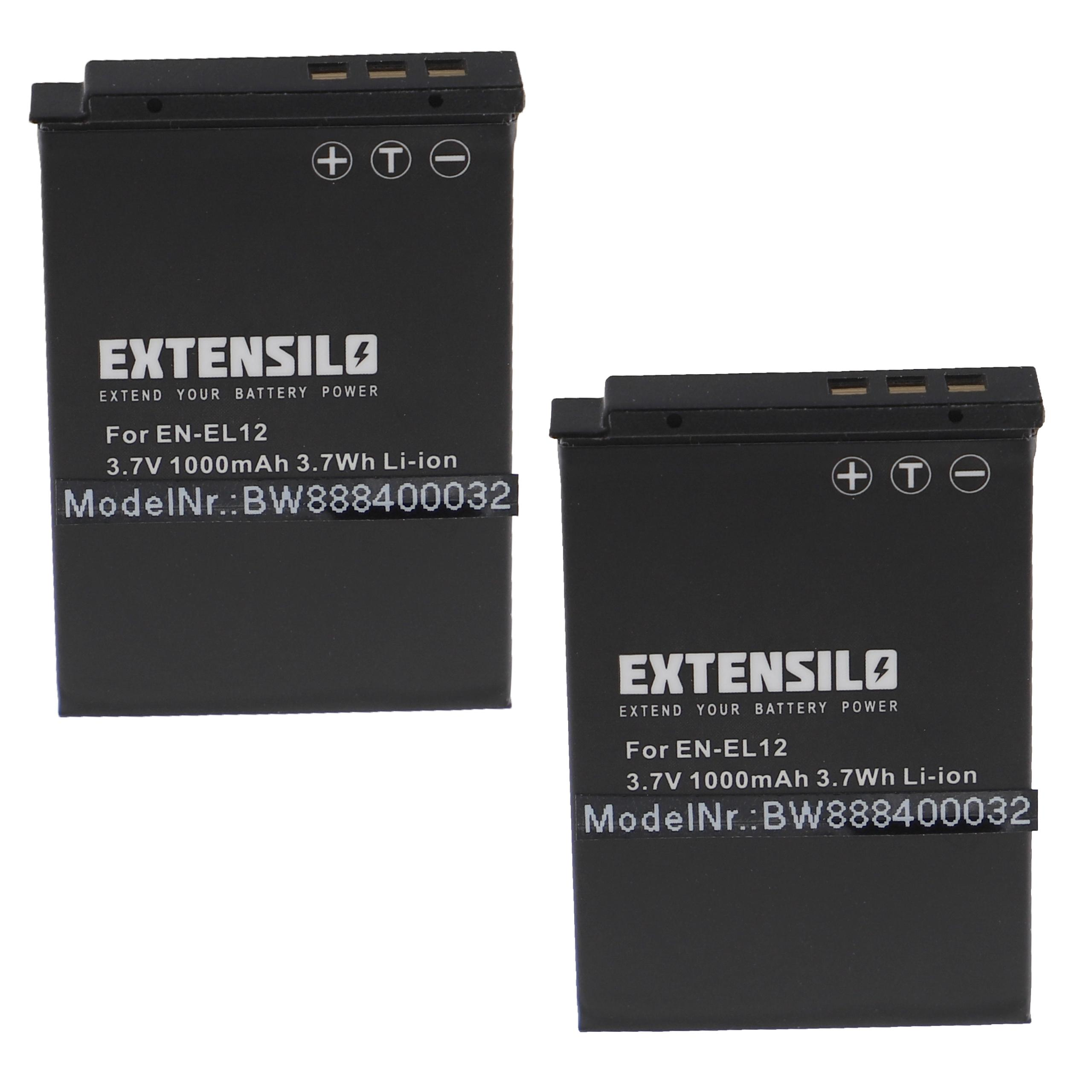 Zwei schwarze Batterien mit weißem Text. Jede hat Plus-, T- und Minus-Symbole. Sie tragen den Markennamen EXTENSILO.