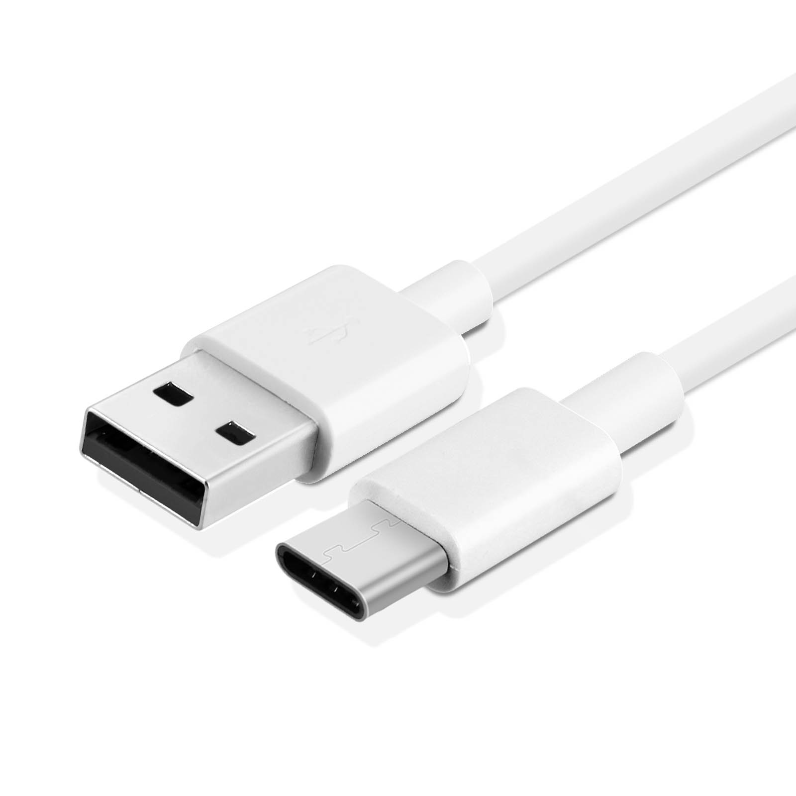 Cavo da USB a USB-C bianco. Connettore USB-A a sinistra, USB-C a destra. Entrambe le estremità sono bianche.