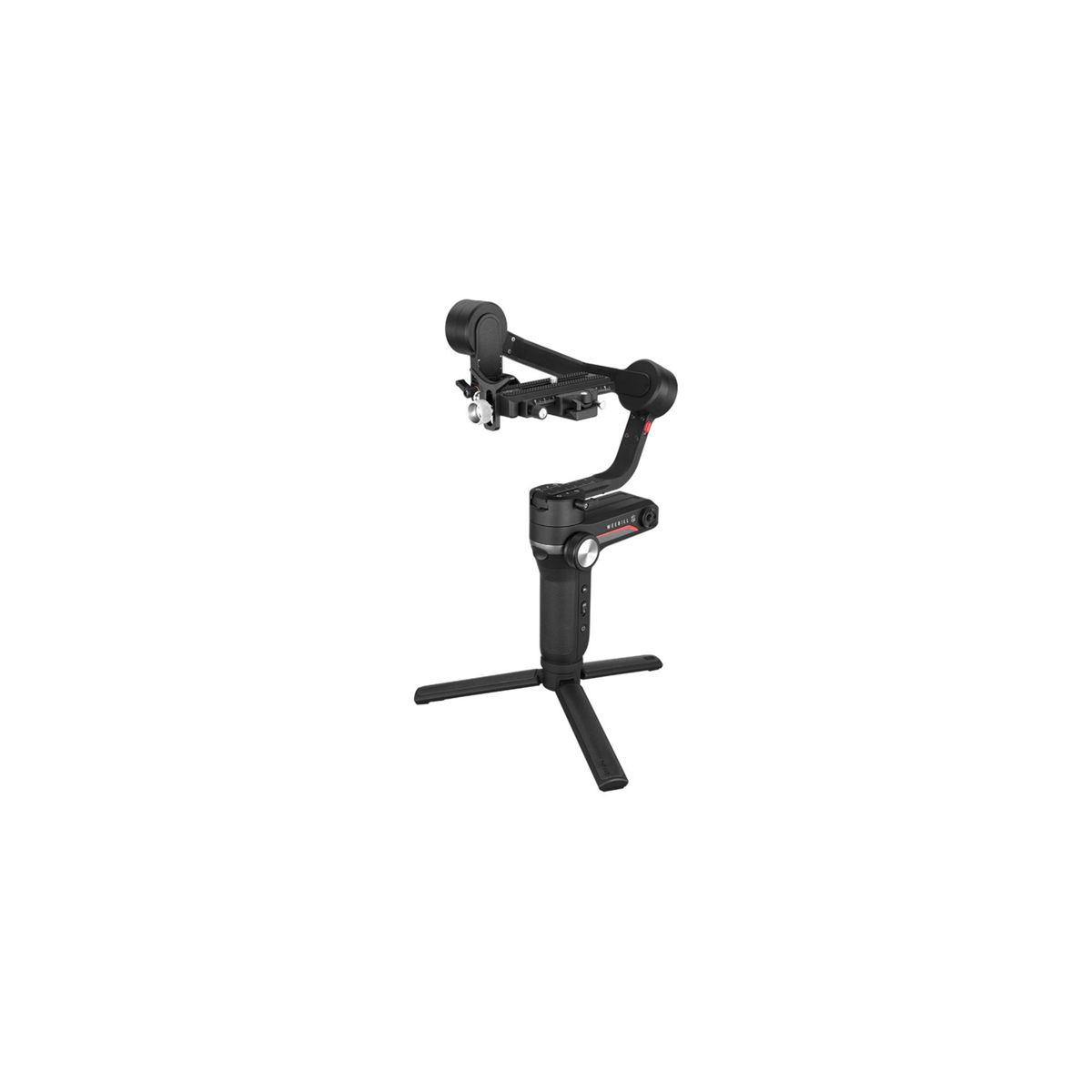 Schwarzer Gimbal-Stabilisator mit Stativbasis, vor weißem Hintergrund.