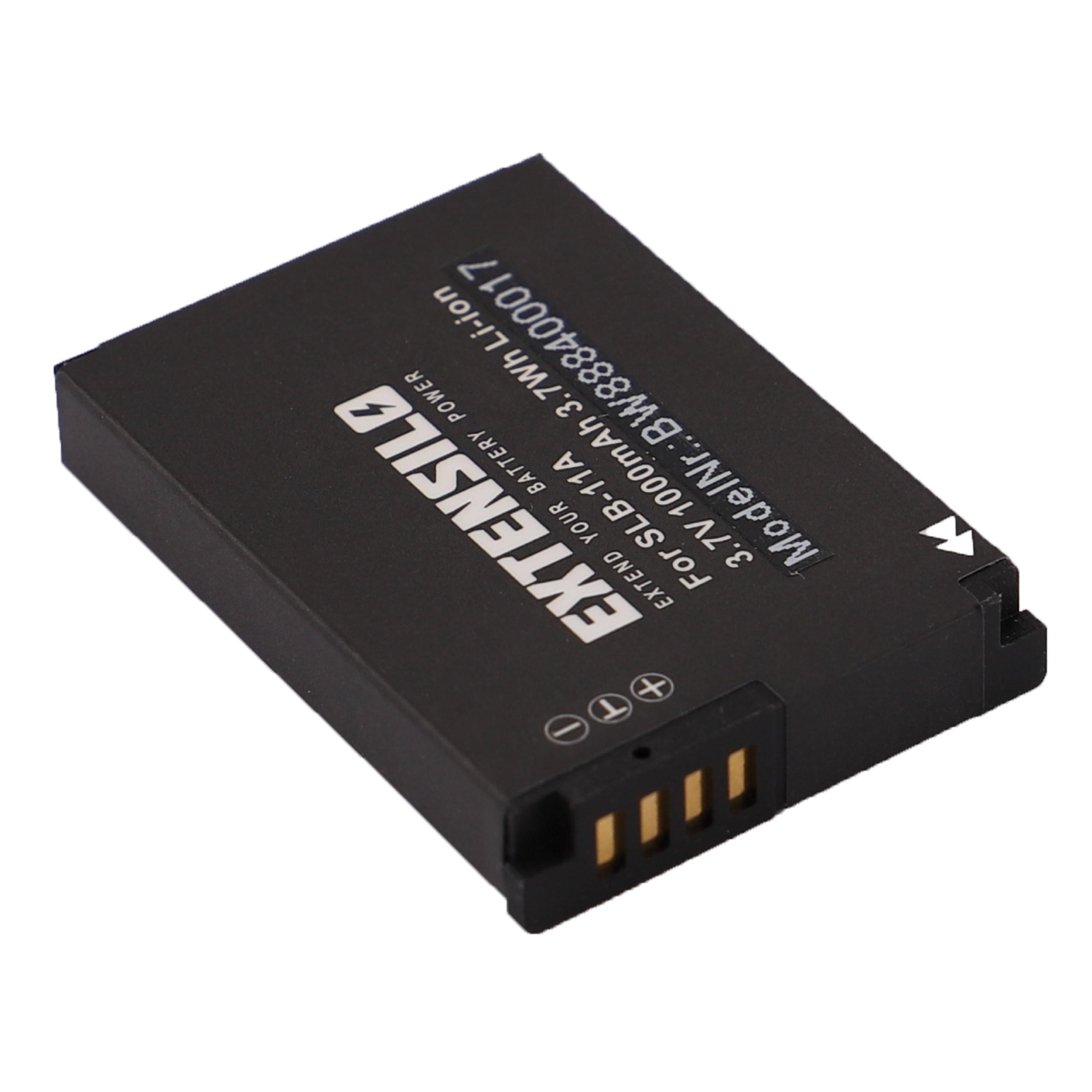 Eine schwarze rechteckige Batterie mit weißem Text, einem schwarzen Stecker und einigen goldenen Pins.