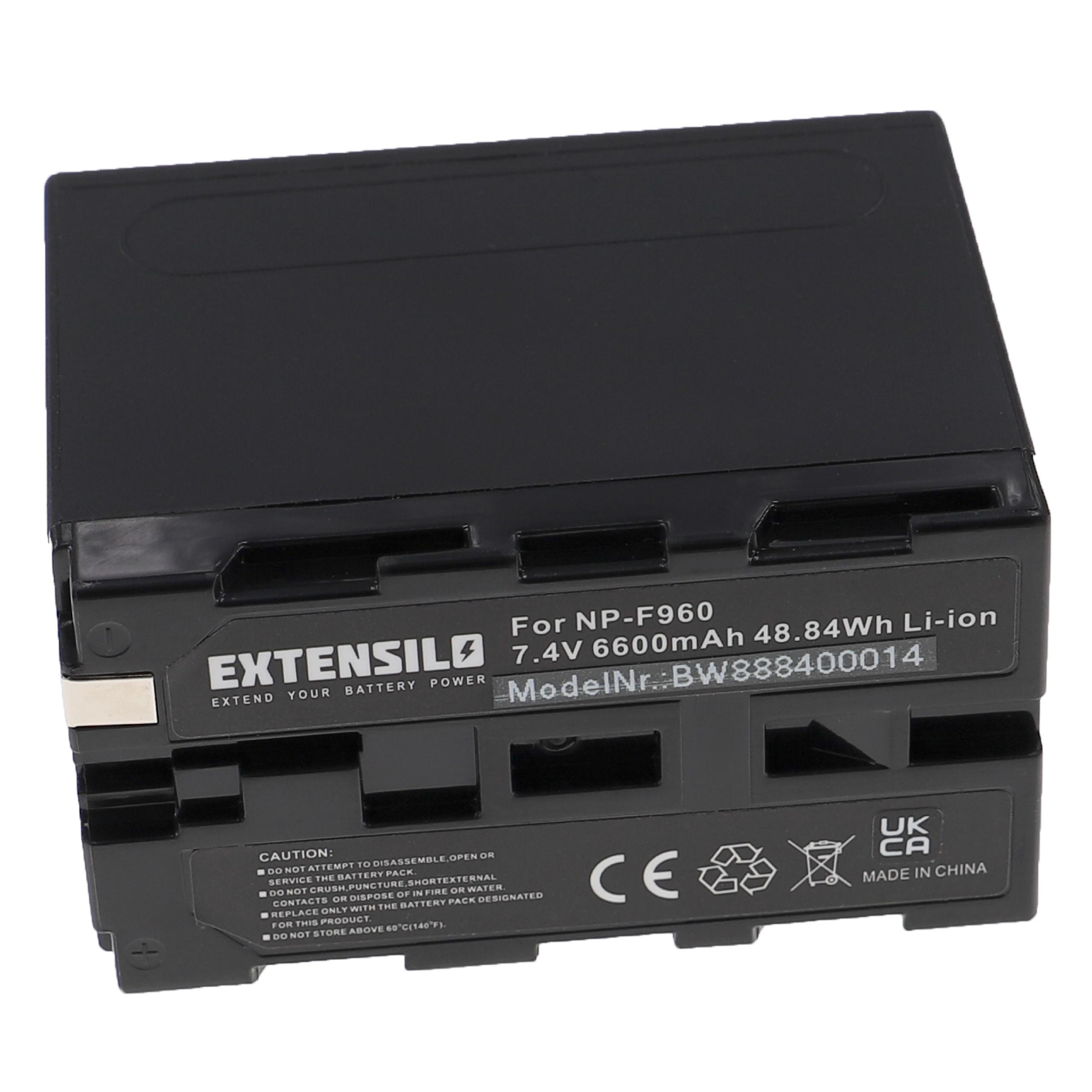 Schwarzer Akku mit weißem Text. Er ist für NP-F960, 7,4 V 6600 mAh Li-Ion. Text lautet: EXTENSILO.