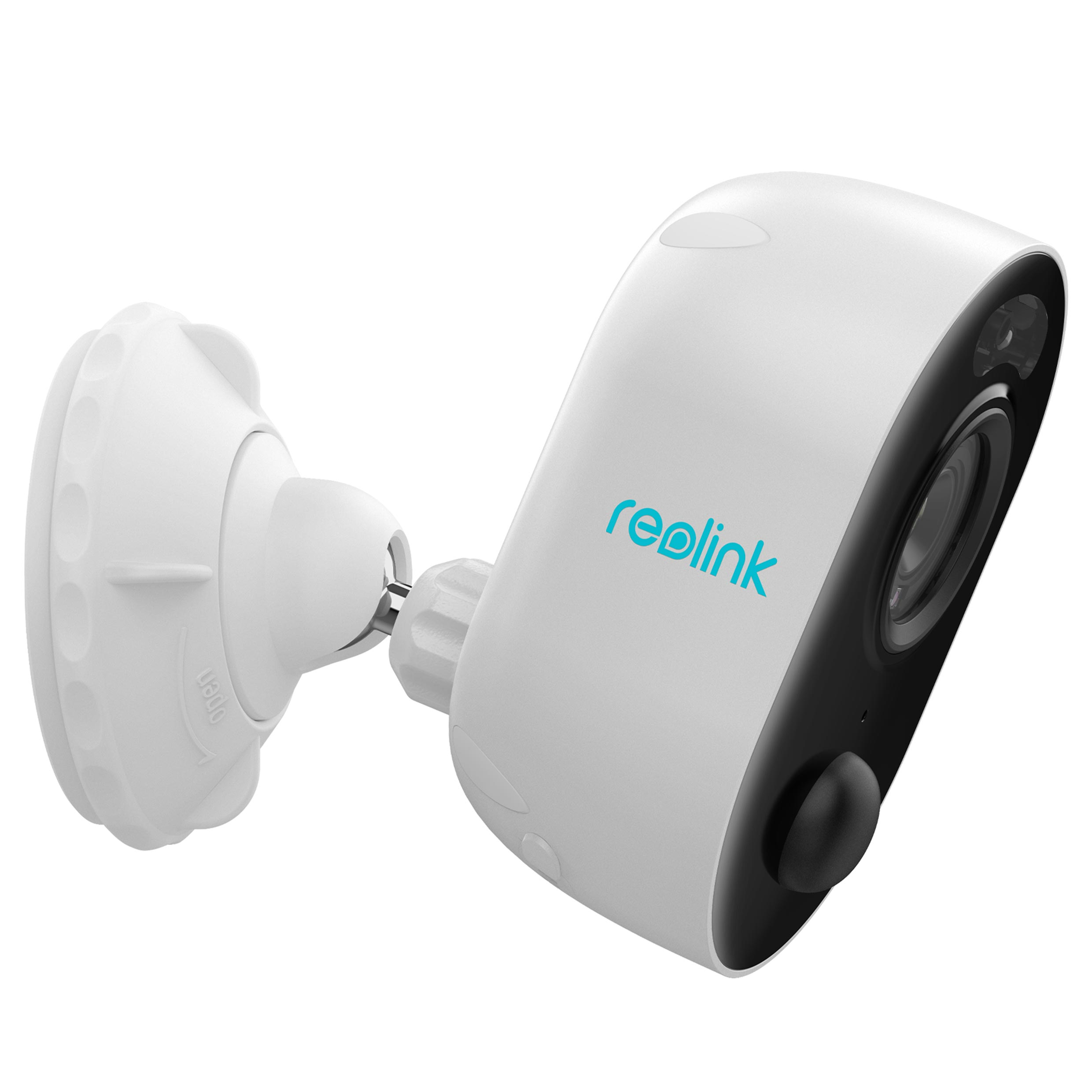 Biała kamera bezpieczeństwa zamontowana na ścianie, skierowana w prawo, z marką Reolink.