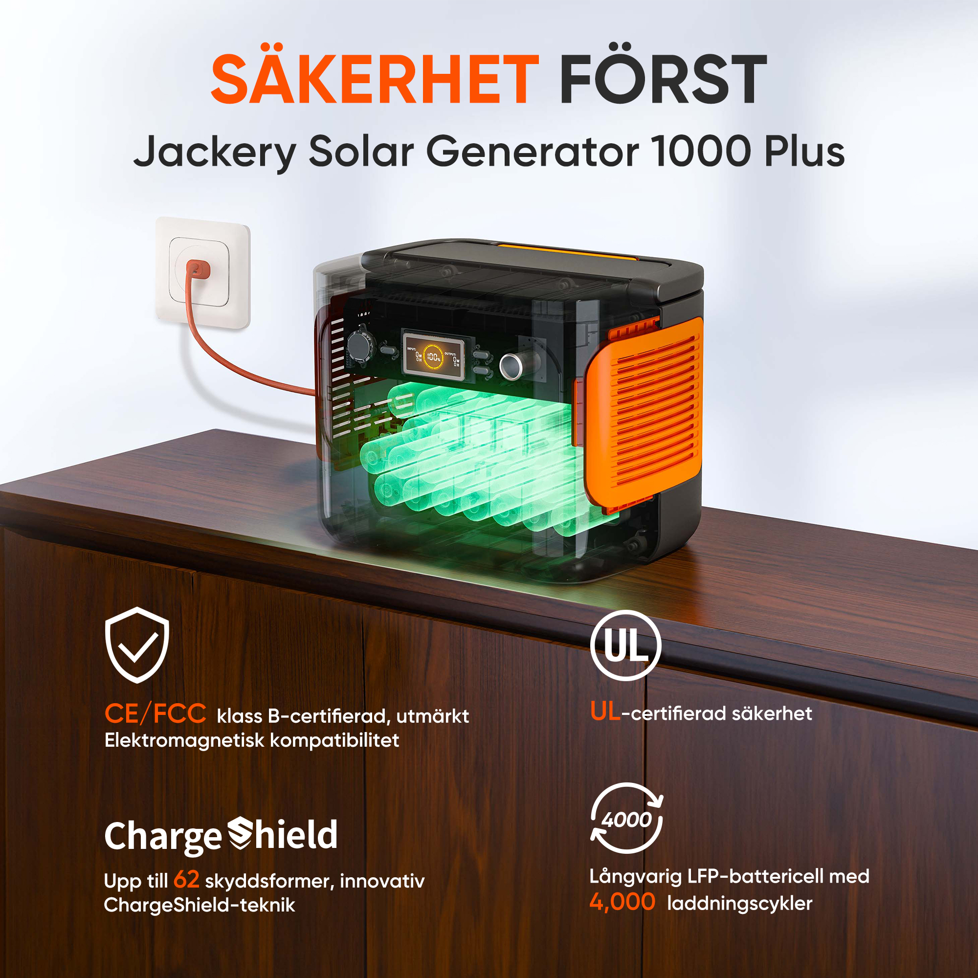 Generatore solare, testo sulla sicurezza e una presa di corrente con il marchio Jackery.