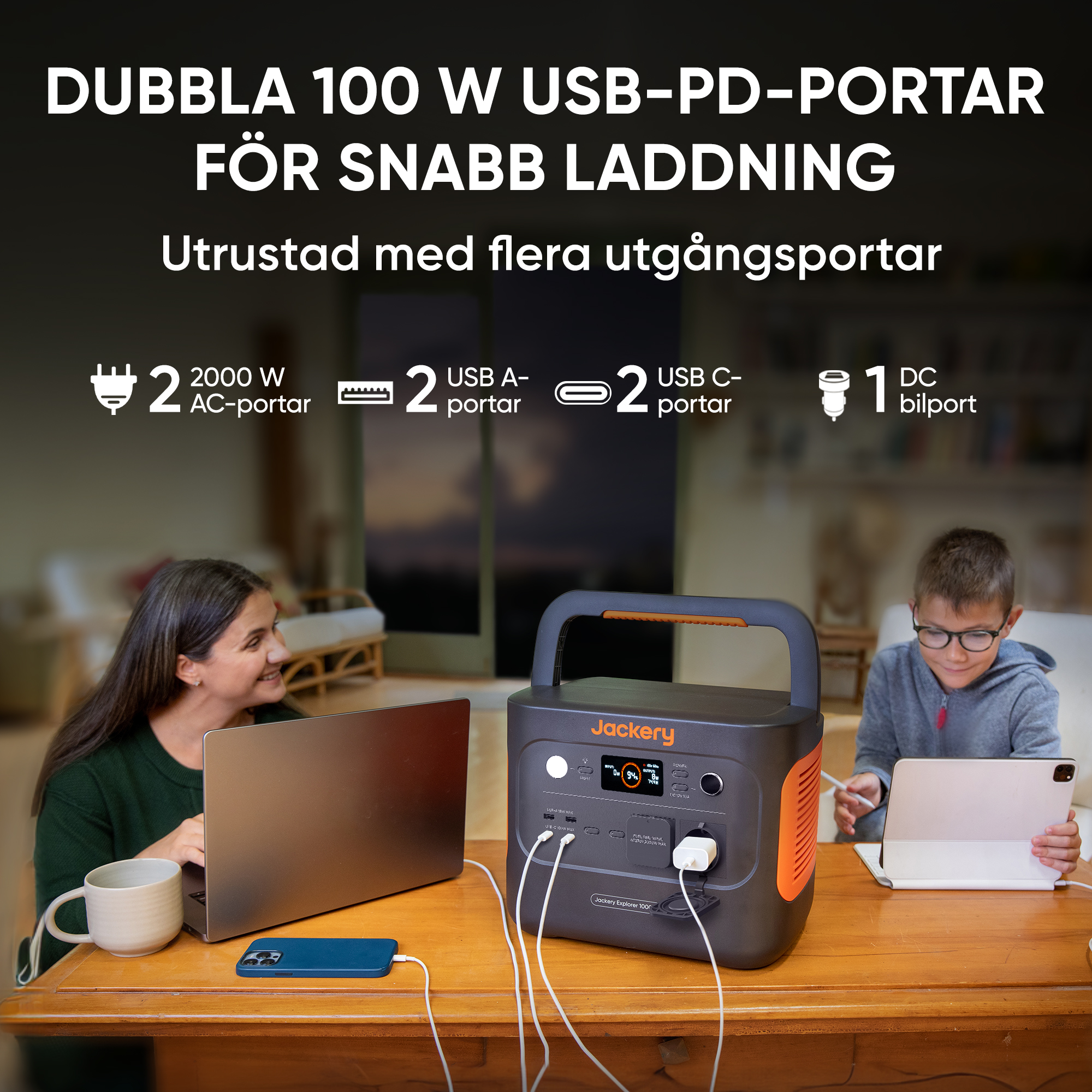 Due persone su un tavolo con dispositivi elettronici, un laptop e un tablet. Il testo dice: '100W USB-PD-PORT per la ricarica rapida'.