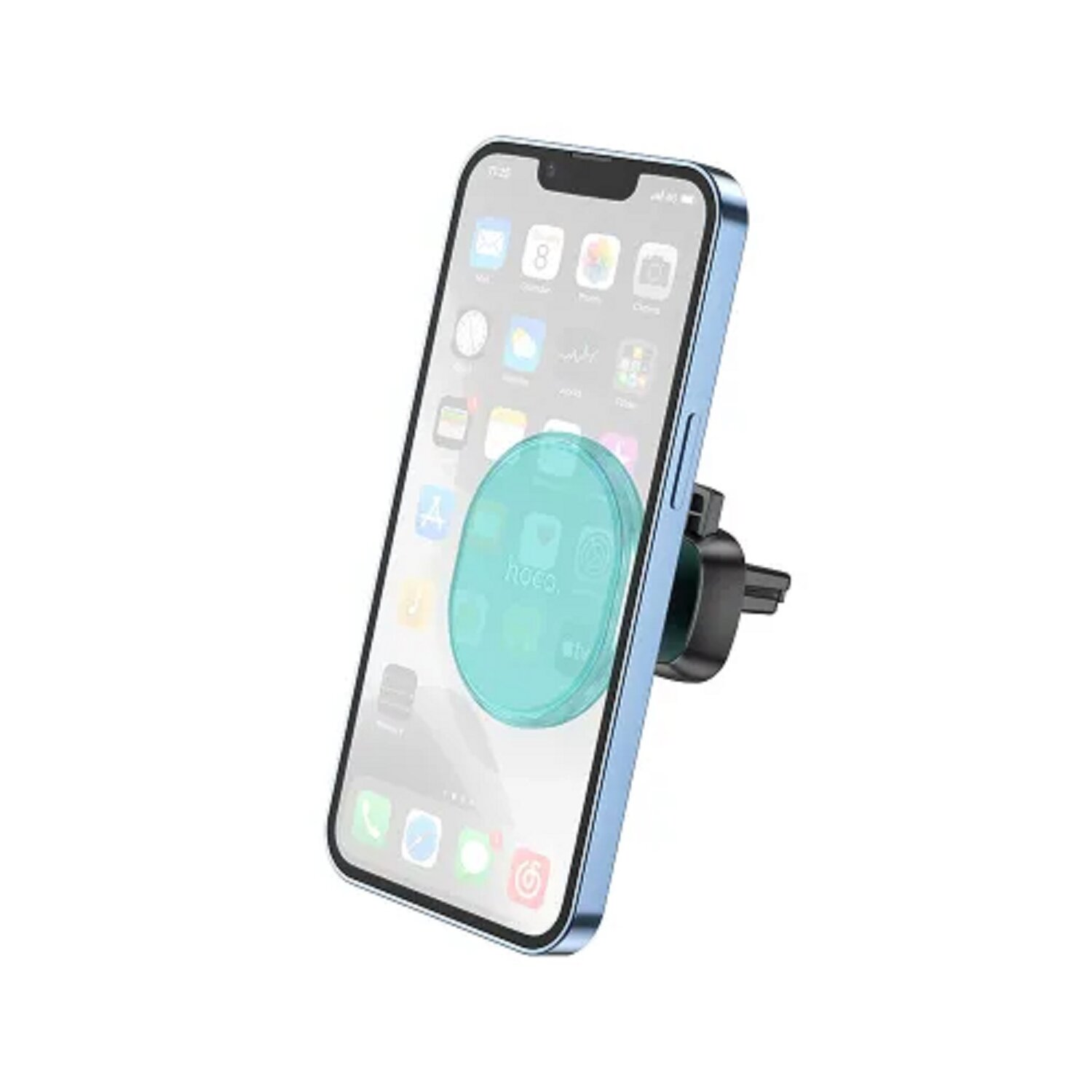 Blaues iPhone in einer Autohalterung, der Bildschirm zeigt App-Symbole.