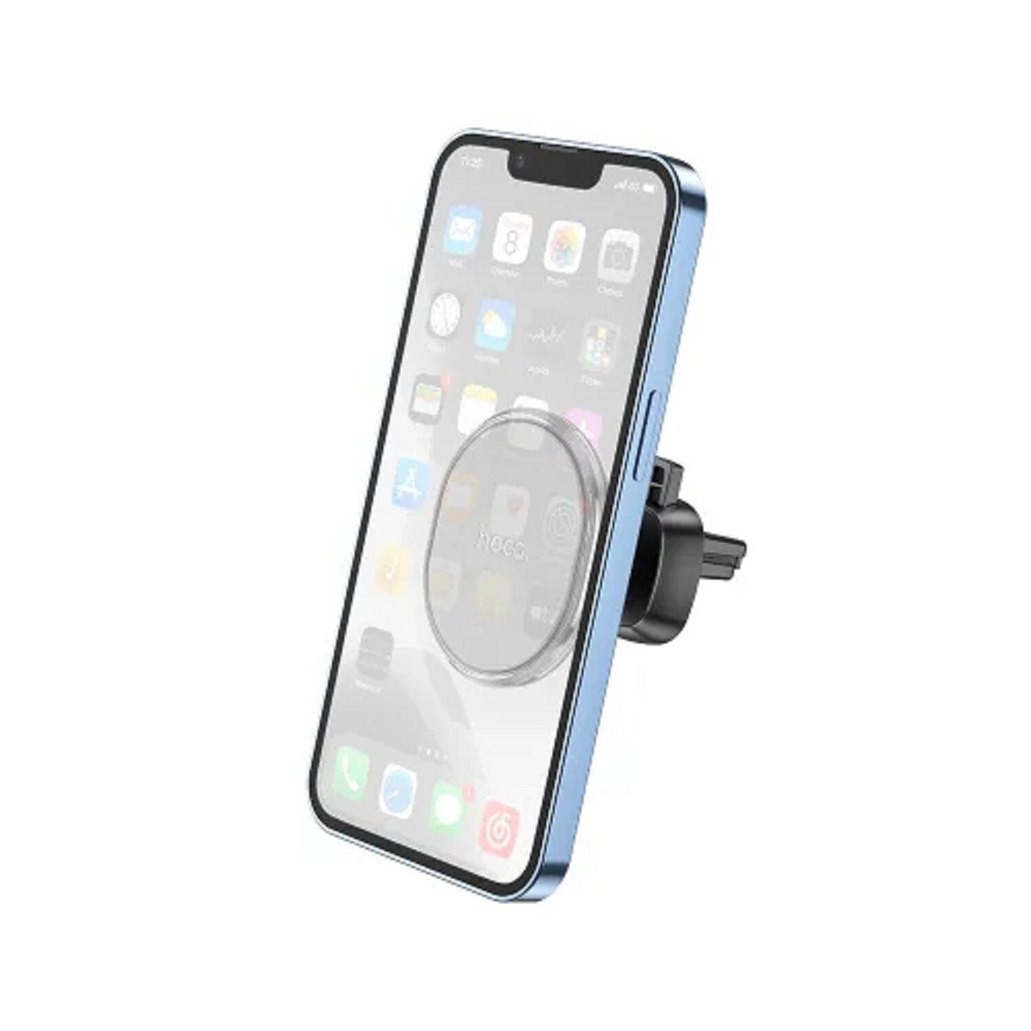 Blaues Telefon in Autohalterung. Der Bildschirm zeigt App-Symbole. Die Halterung ist schwarz.