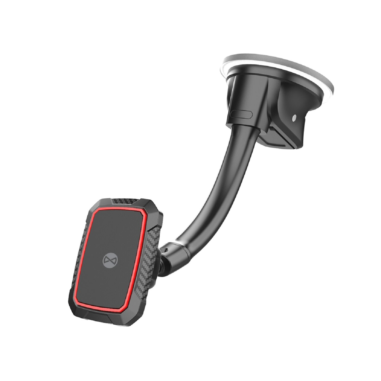 Schwarze und rote Autotelefonhalterung mit flexiblem Arm, auf weißem Hintergrund.