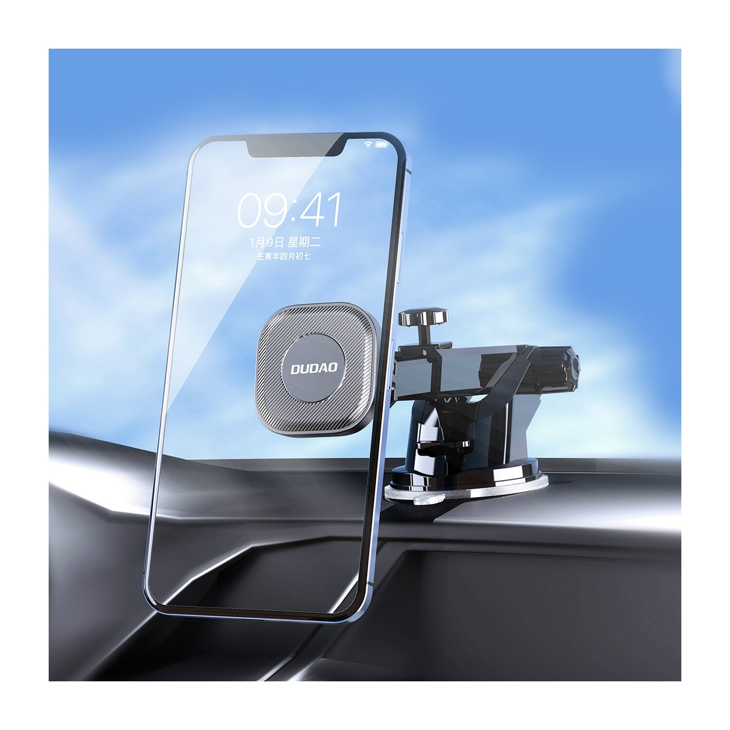 Ein Telefon mit magnetischer Halterung auf einem Armaturenbrett. Das Telefon zeigt die Uhrzeit an.