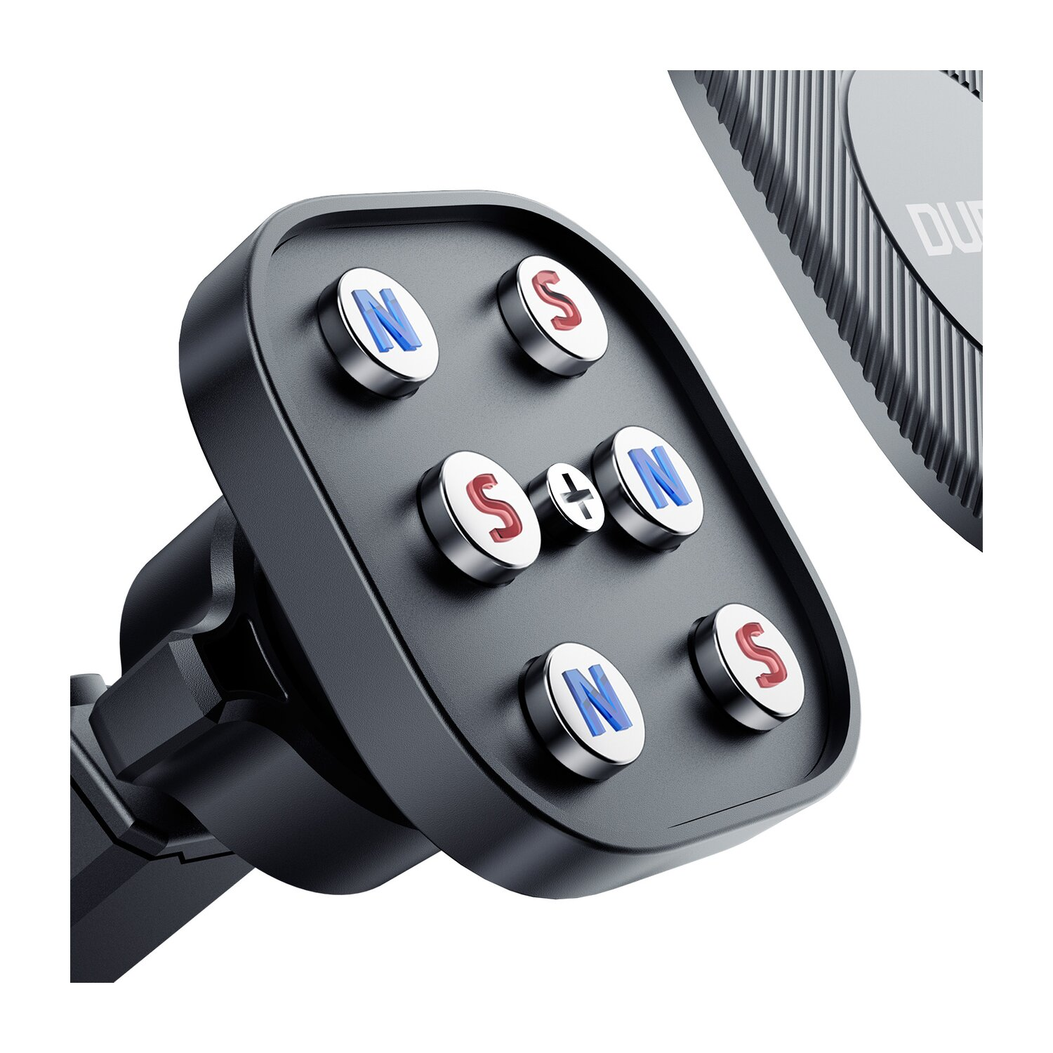 Schwarze Kfz-Telefonhalterung mit magnetischem Design. Nahaufnahme der Magnete.
