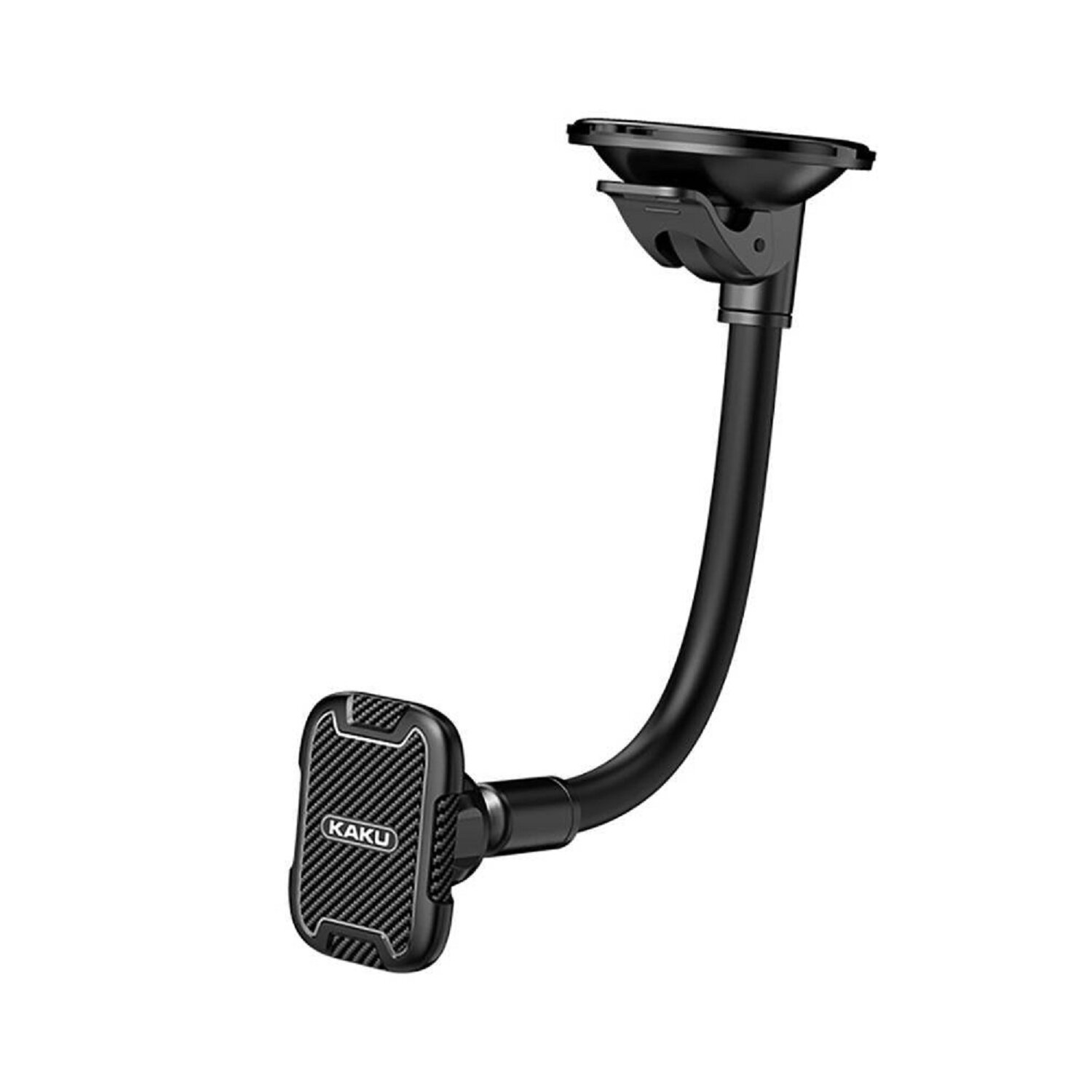 Schwarze Autotelefonhalterung mit Saugnapf und flexiblem Arm. Kaku-Marke auf dem Telefonhalter sichtbar.