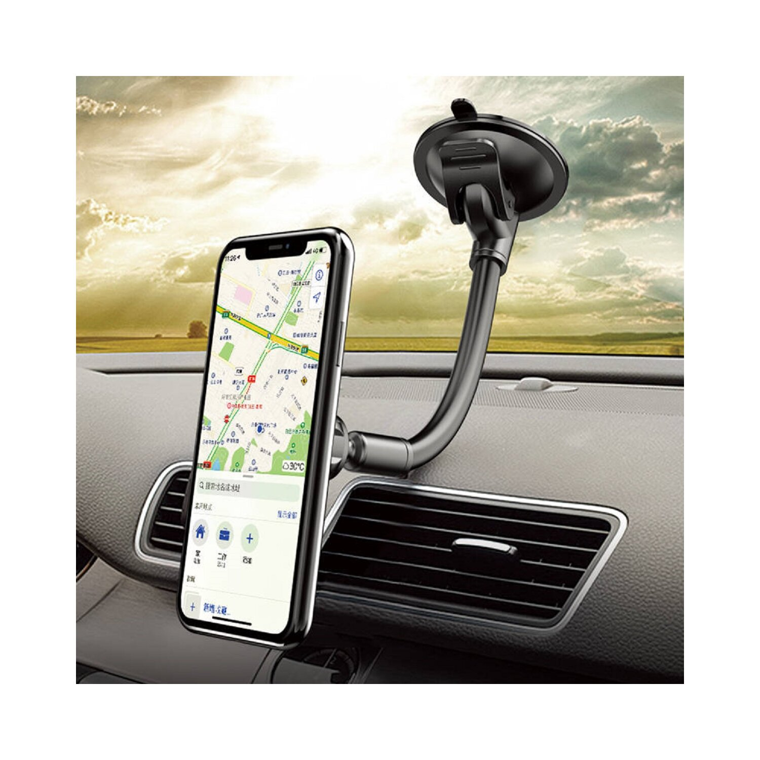 Ein Smartphone, das auf dem Armaturenbrett eines Autos montiert ist, mit einer Navigations-App geöffnet.