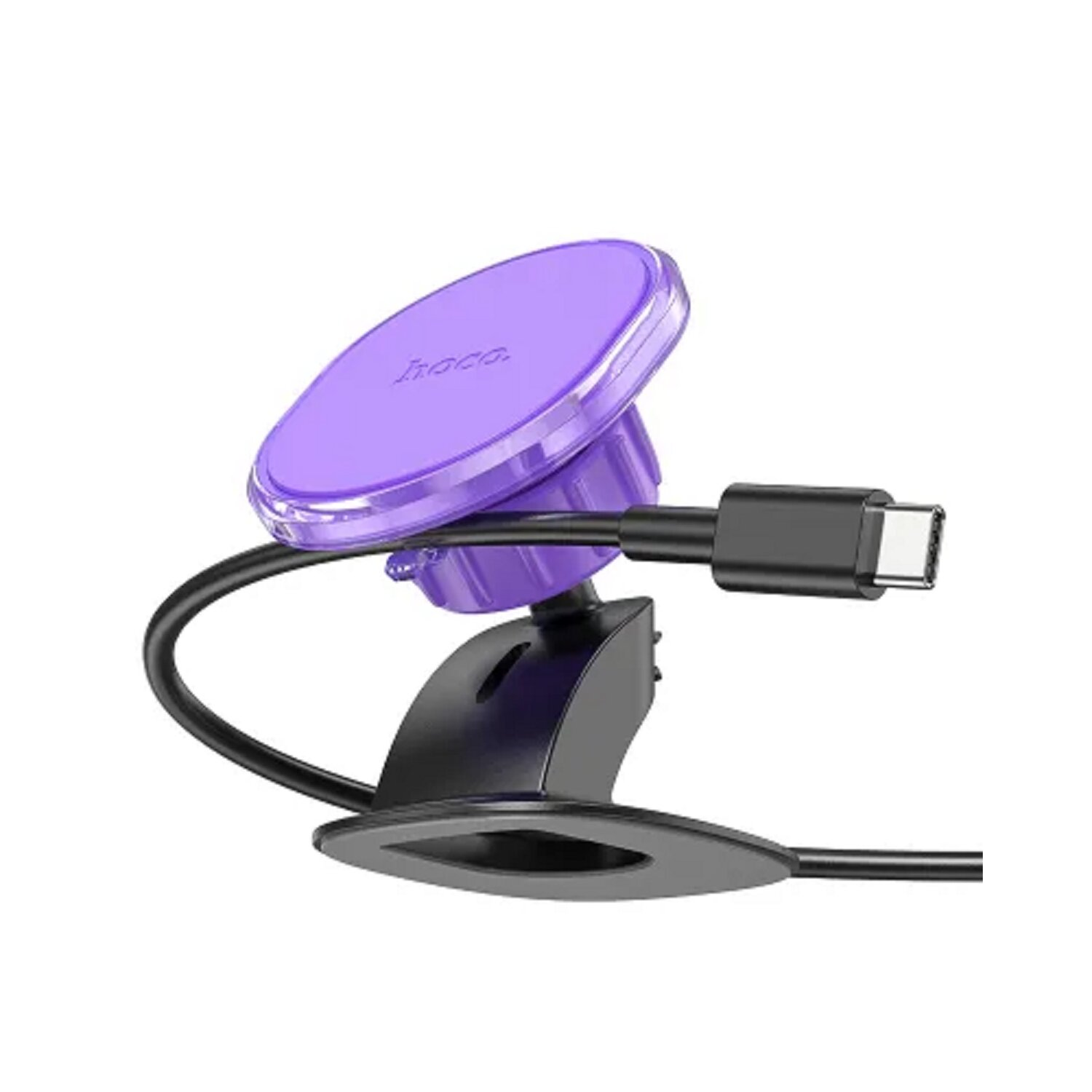 Ein lila Telefonhalter mit schwarzem Kabel und Ladegerät.