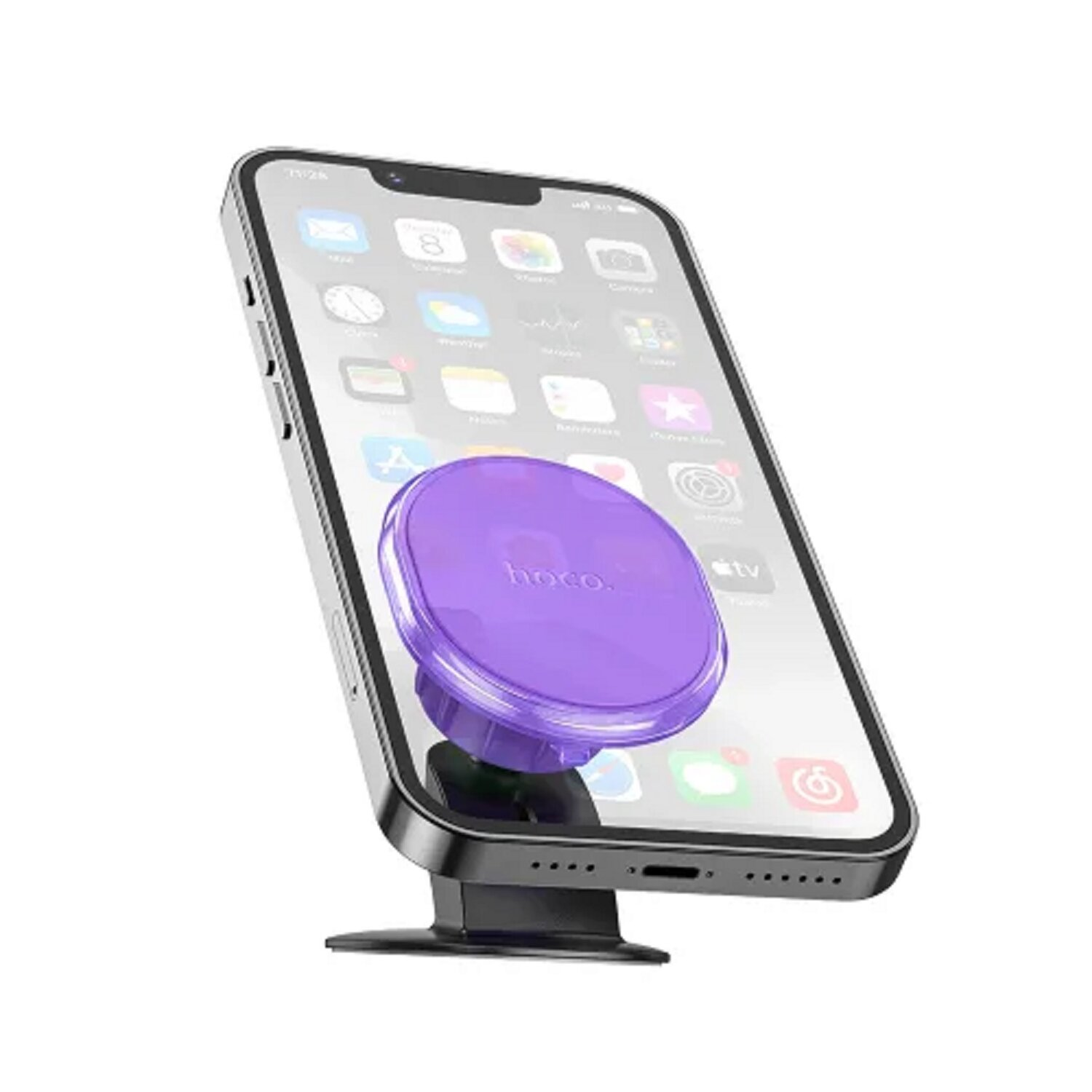 Smartphone auf Ständer mit lila Telefonhalterung.