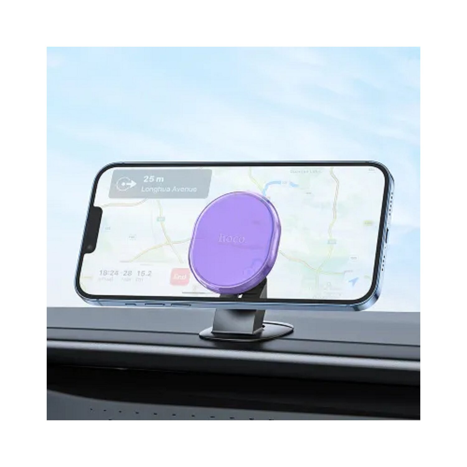 Ein Telefon in einer Autohalterung. Das Telefon zeigt eine Karten-App. Die Halterung ist lila.