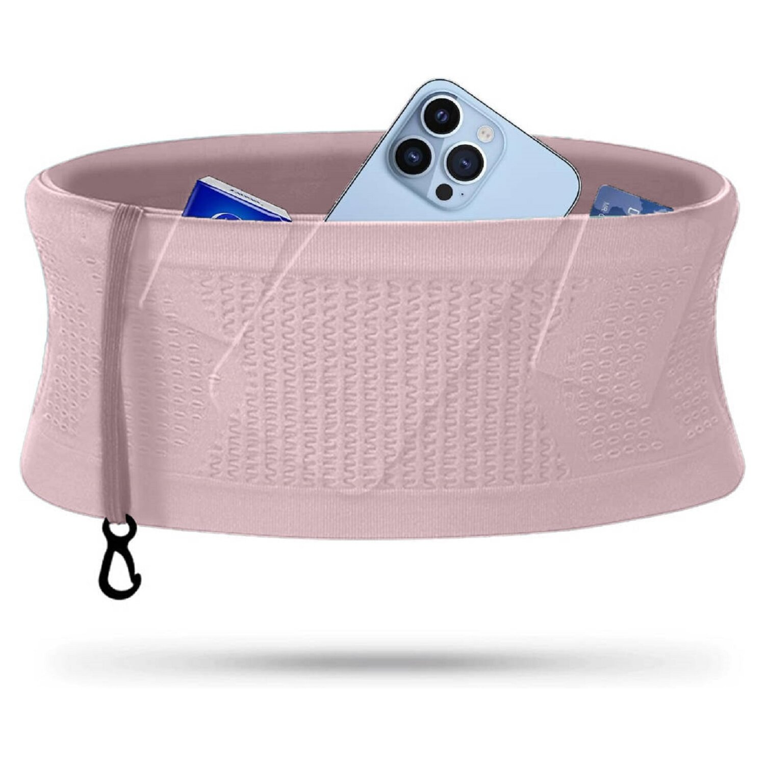Rosa Hüfttasche mit Telefon und anderen Gegenständen.