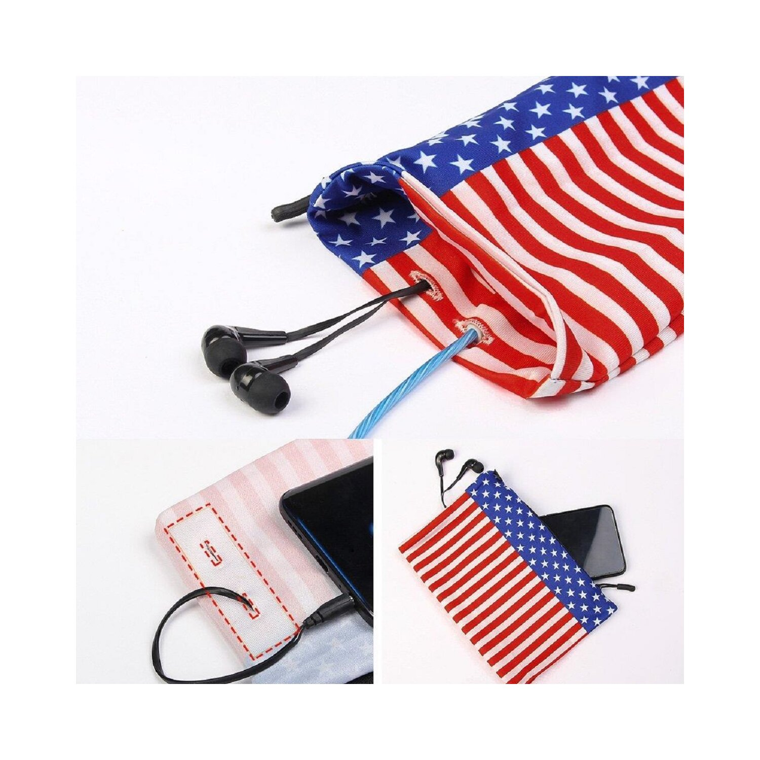 Tasche im amerikanischen Flaggen-Design mit Ohrhörern und Telefonladung.
