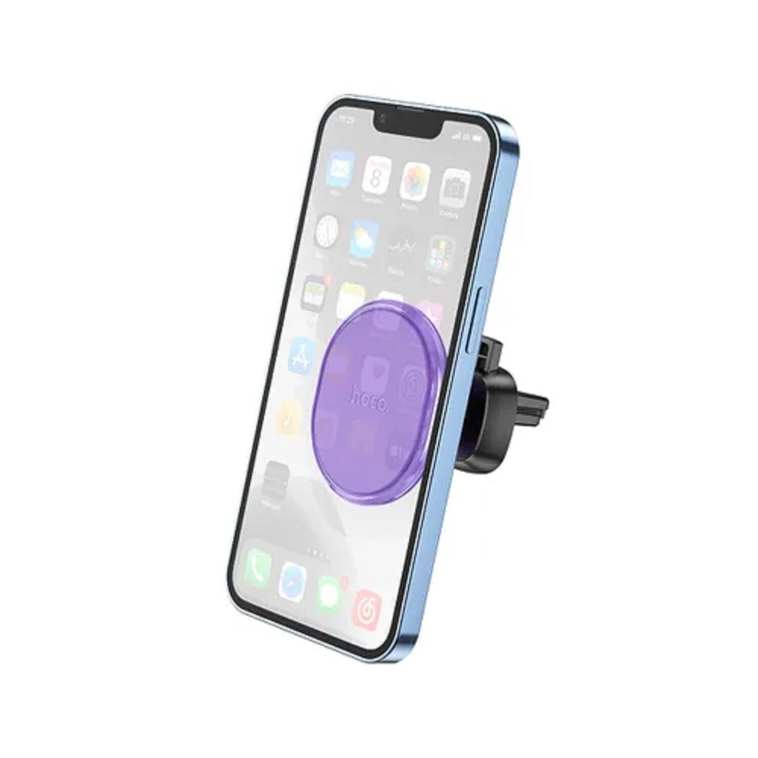 Ein blaues iPhone mit einem lila Telefonhalter, der an einer schwarzen Lüftungshalterung befestigt ist.