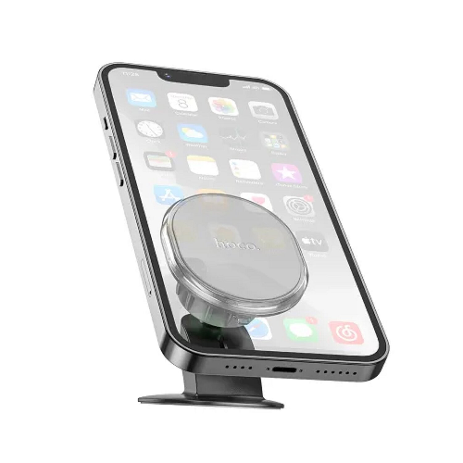 Schwarzes Telefon an einer silbernen magnetischen Autohalterung, zeigt den Bildschirm des Telefons mit Symbolen.