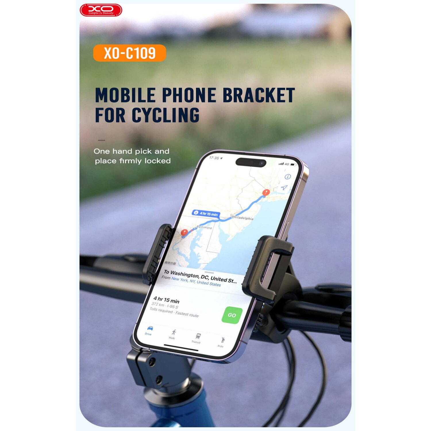 Telefon auf Fahrradhalterung mit Navigationskarte. Schwarze Halterung, blauer Lenker und grüner Hintergrund.