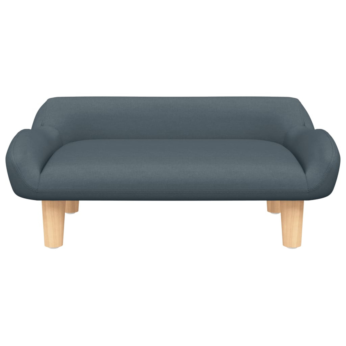 Ein kleines, grau-blaues Hundebett mit Holzbeinen auf weißem Hintergrund.