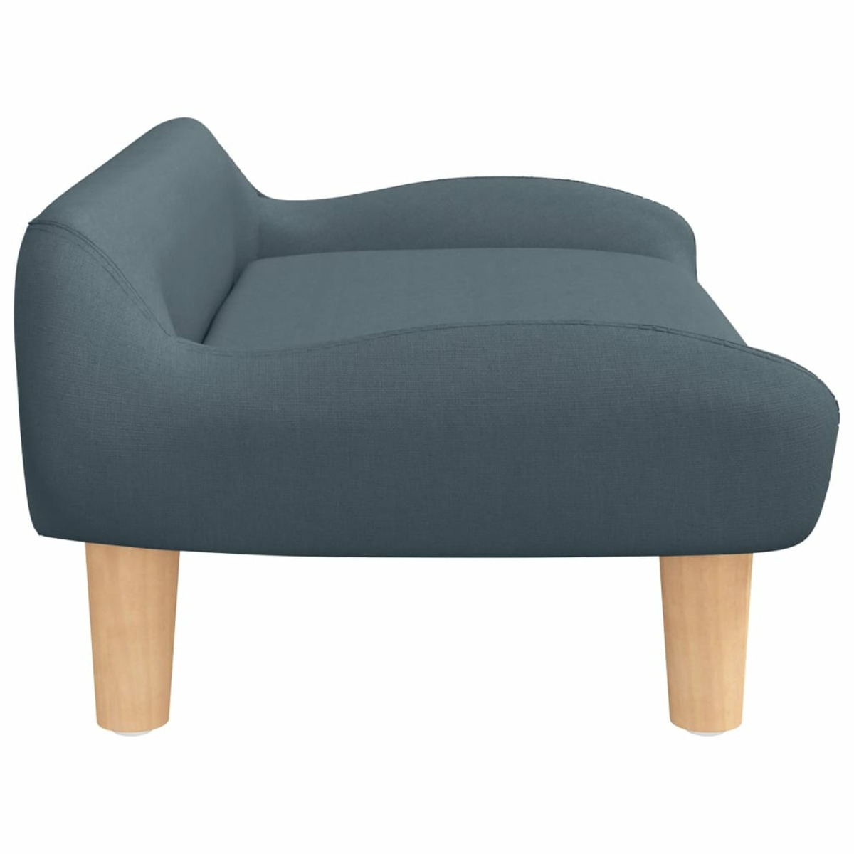 Blaues Haustierbett mit Holzbeinen, isoliert auf weißem Hintergrund, Seitenansicht.