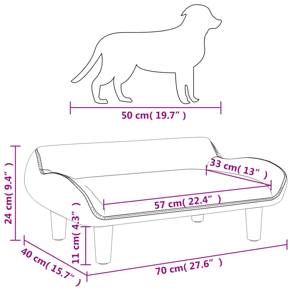 Diagramm eines Hundebetts mit Maßen und einer Hunde-Silhouette darüber.
