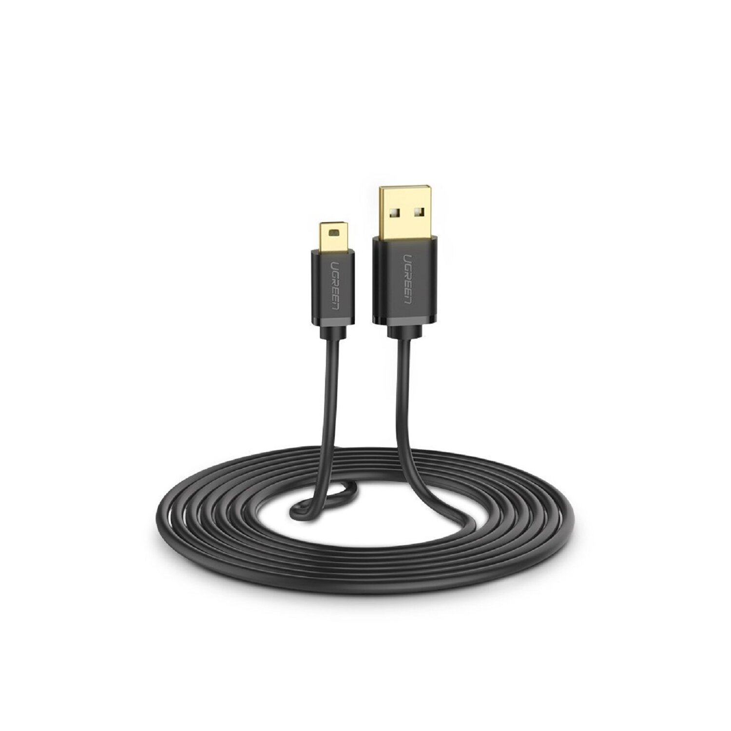 Czarny kabel USB zwinięty. Jeden koniec to USB, drugi mini-USB, z marką UGREEN.