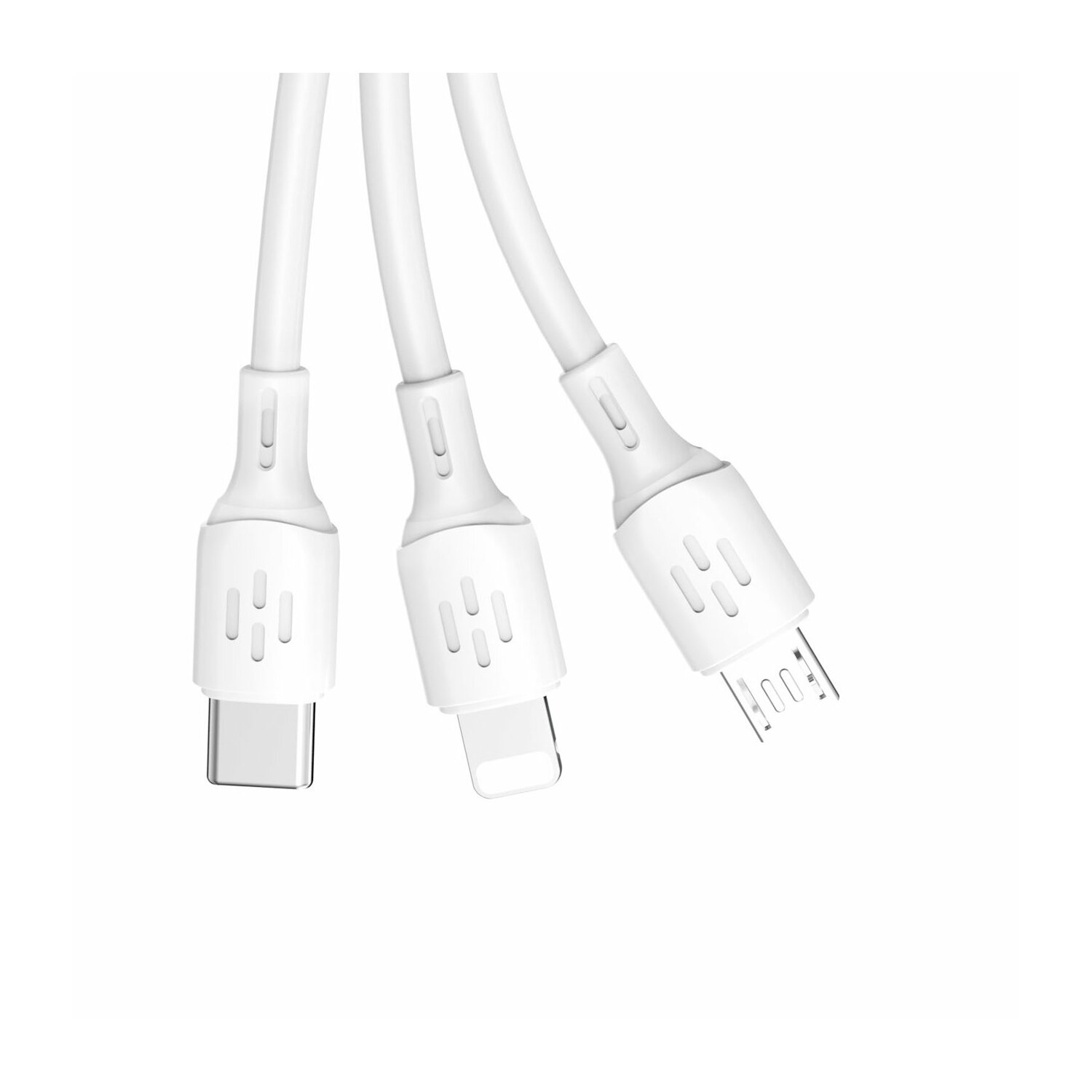 Trzy białe kable ładujące z różnymi złączami: USB-C, Lightning i Micro-USB.